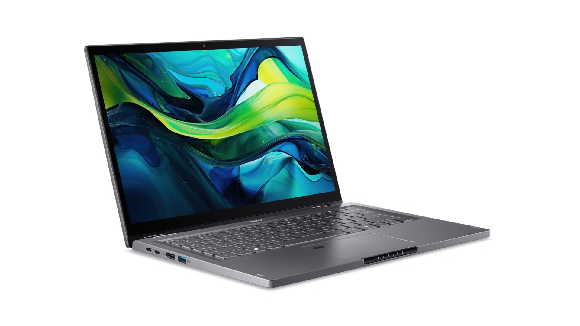 Ein geöffneter grauer Laptop mit einem bunten Hintergrundbild auf dem Bildschirm.