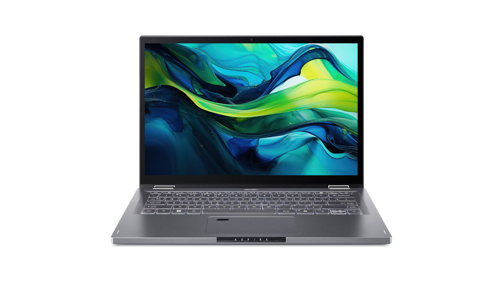 Ein aufgeschlagener grauer Laptop mit einem abstrakten, bunten Hintergrundbild auf dem Bildschirm.