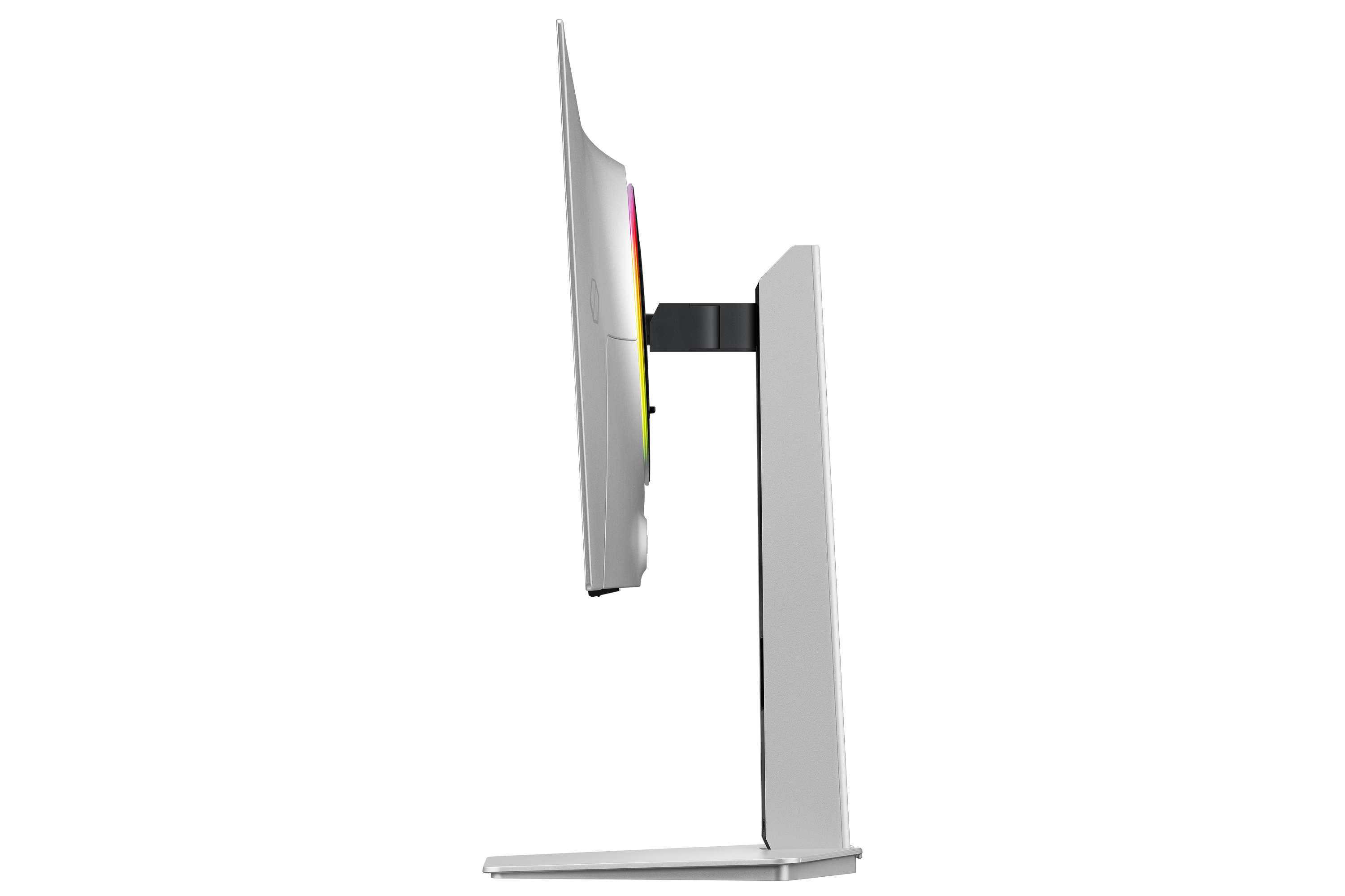 Ein silberner Monitor mit RGB-Beleuchtung, von der Seite gesehen.