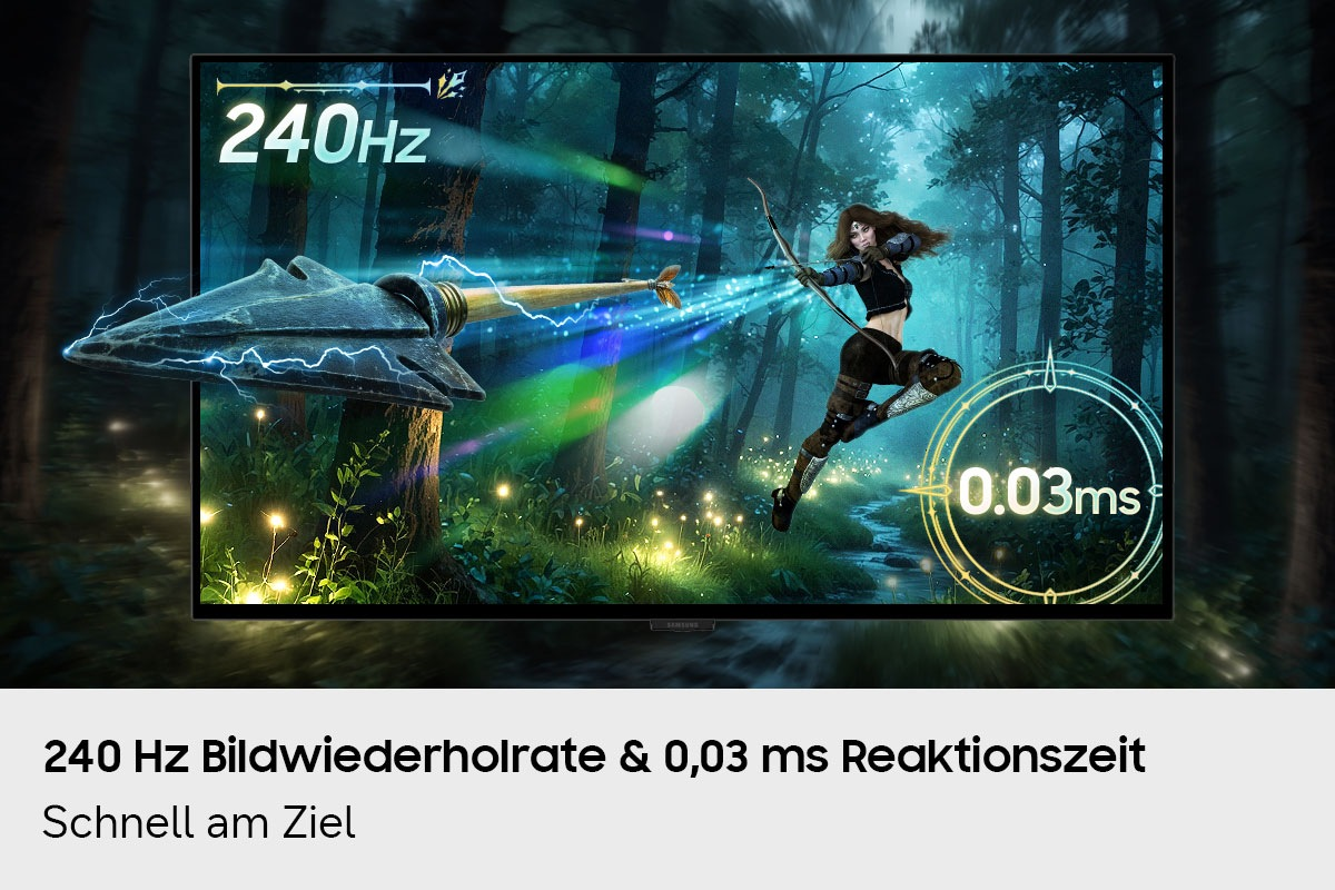 Ein Monitor zeigt eine Bogenschützin, die in einem Wald schießt. 240Hz, 0.03ms.