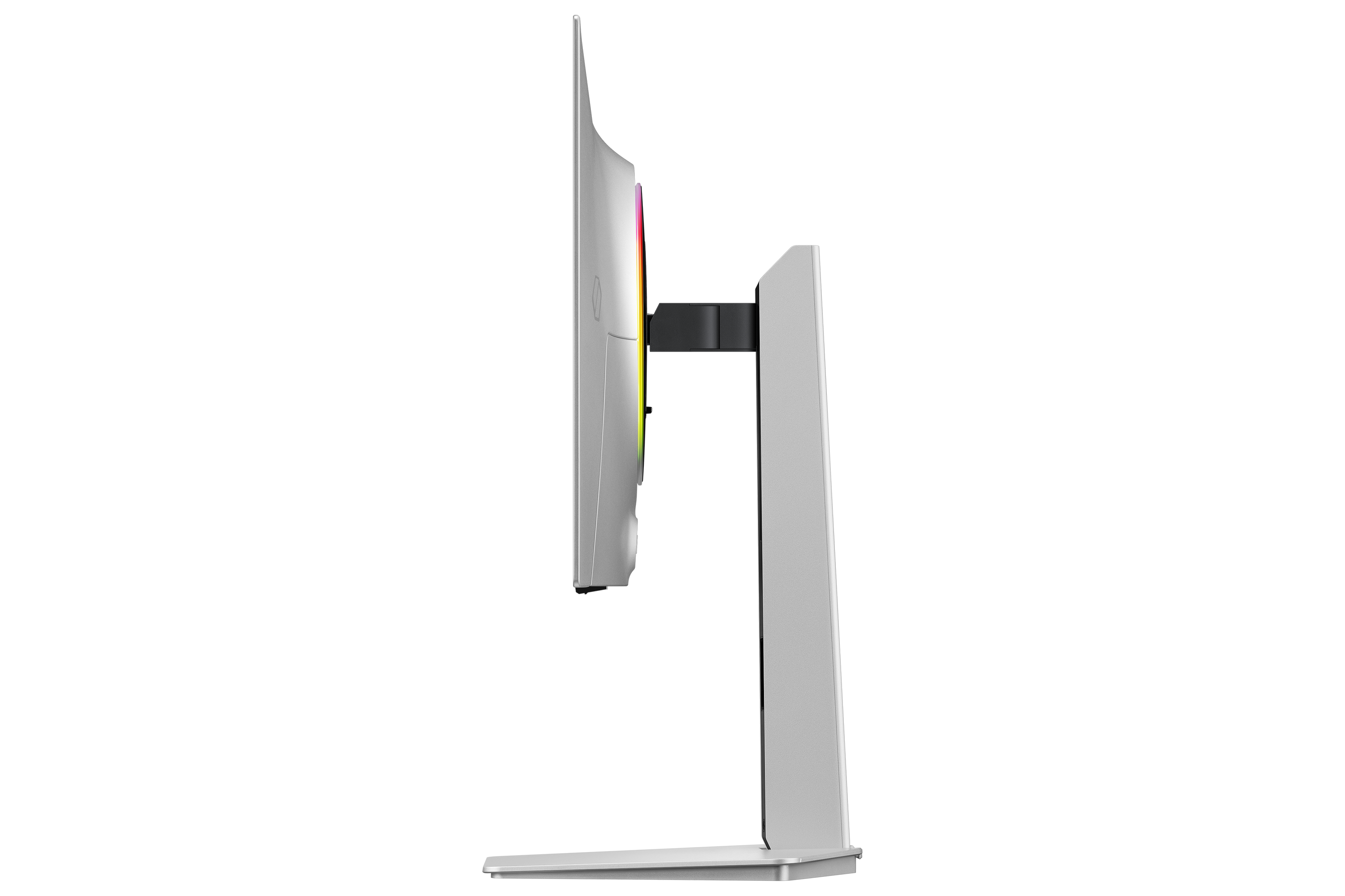 Silberner Monitor von der Seite, mit RGB-Beleuchtung am Rand.