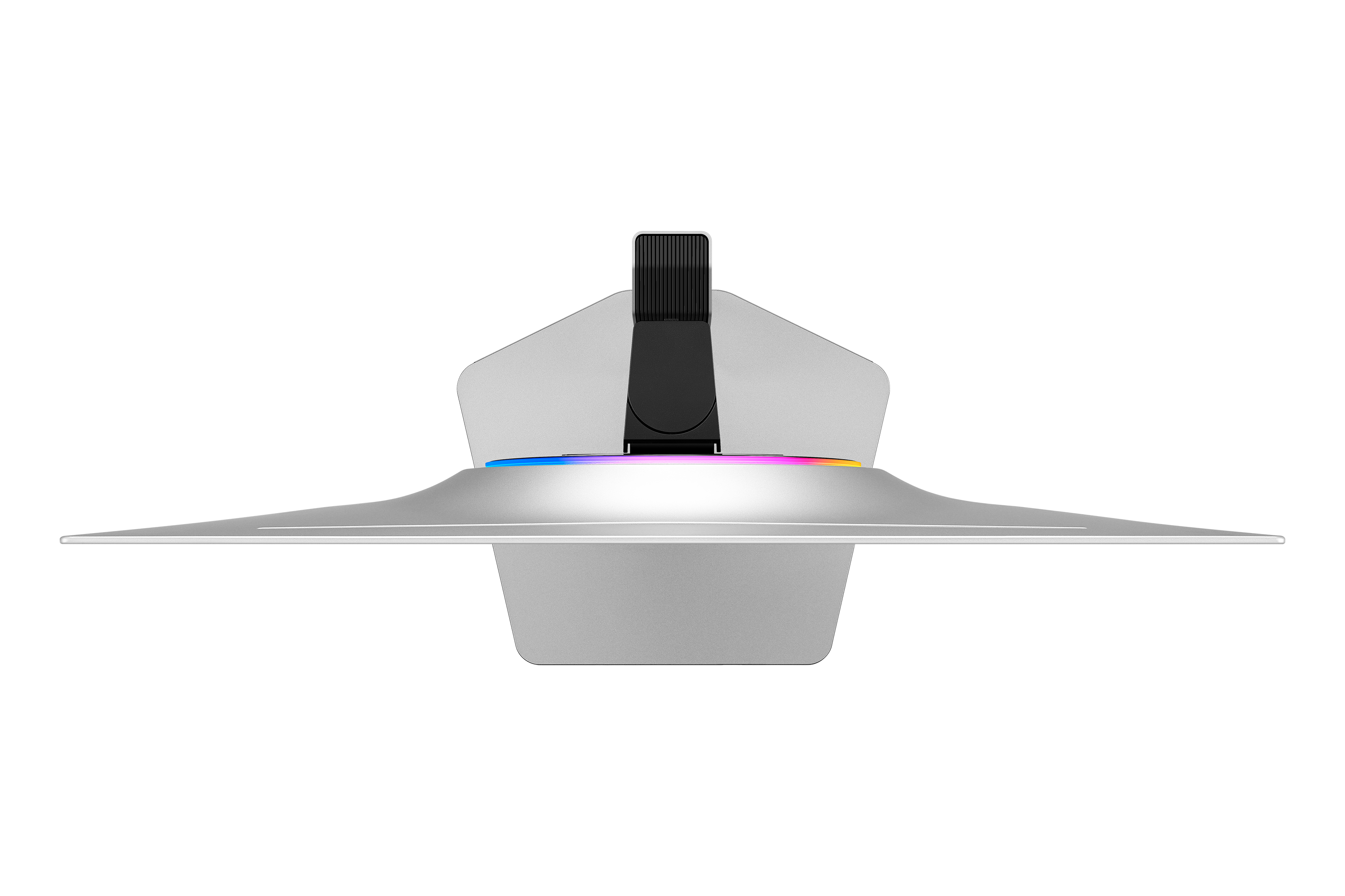 Ein silberner Monitorständer mit schwarzem Kopfhörerhalter und RGB-Beleuchtung.