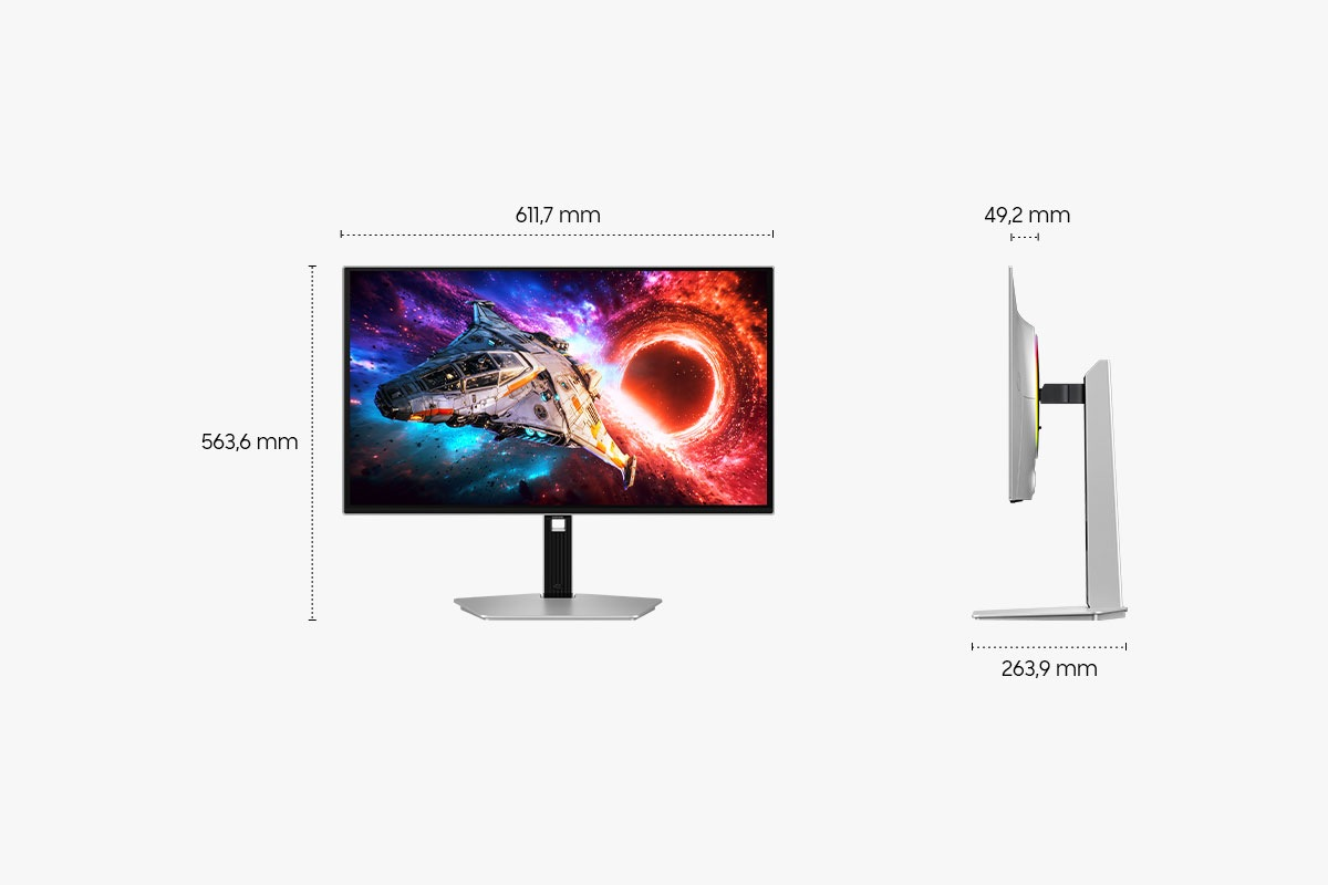 Ein Monitor mit Weltraumschiff-Hintergrund und Größenangaben.