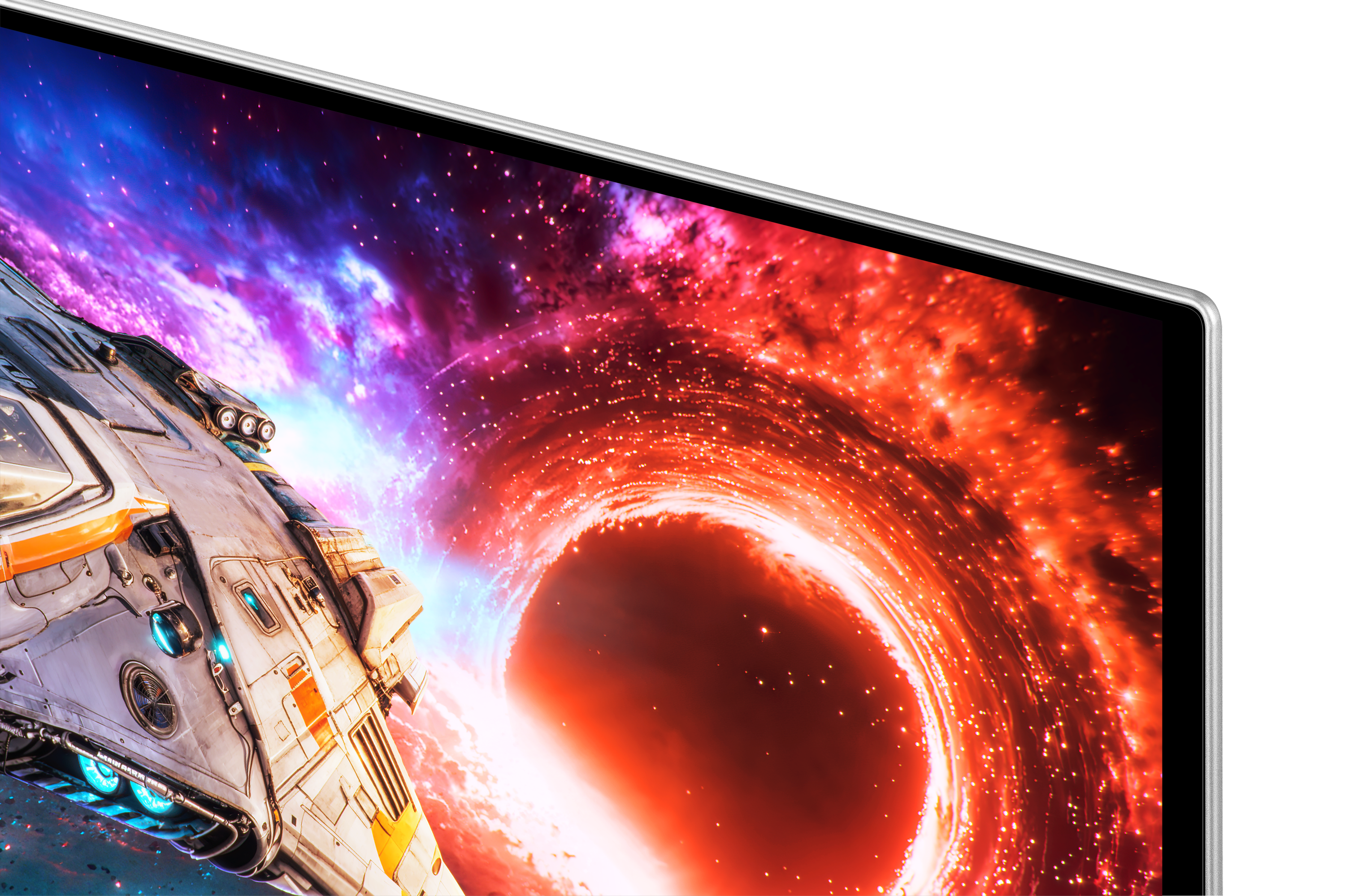 Ein Raumschiff fliegt auf ein kosmisches Portal zu, das von roten und orangen Nebeln umgeben ist.