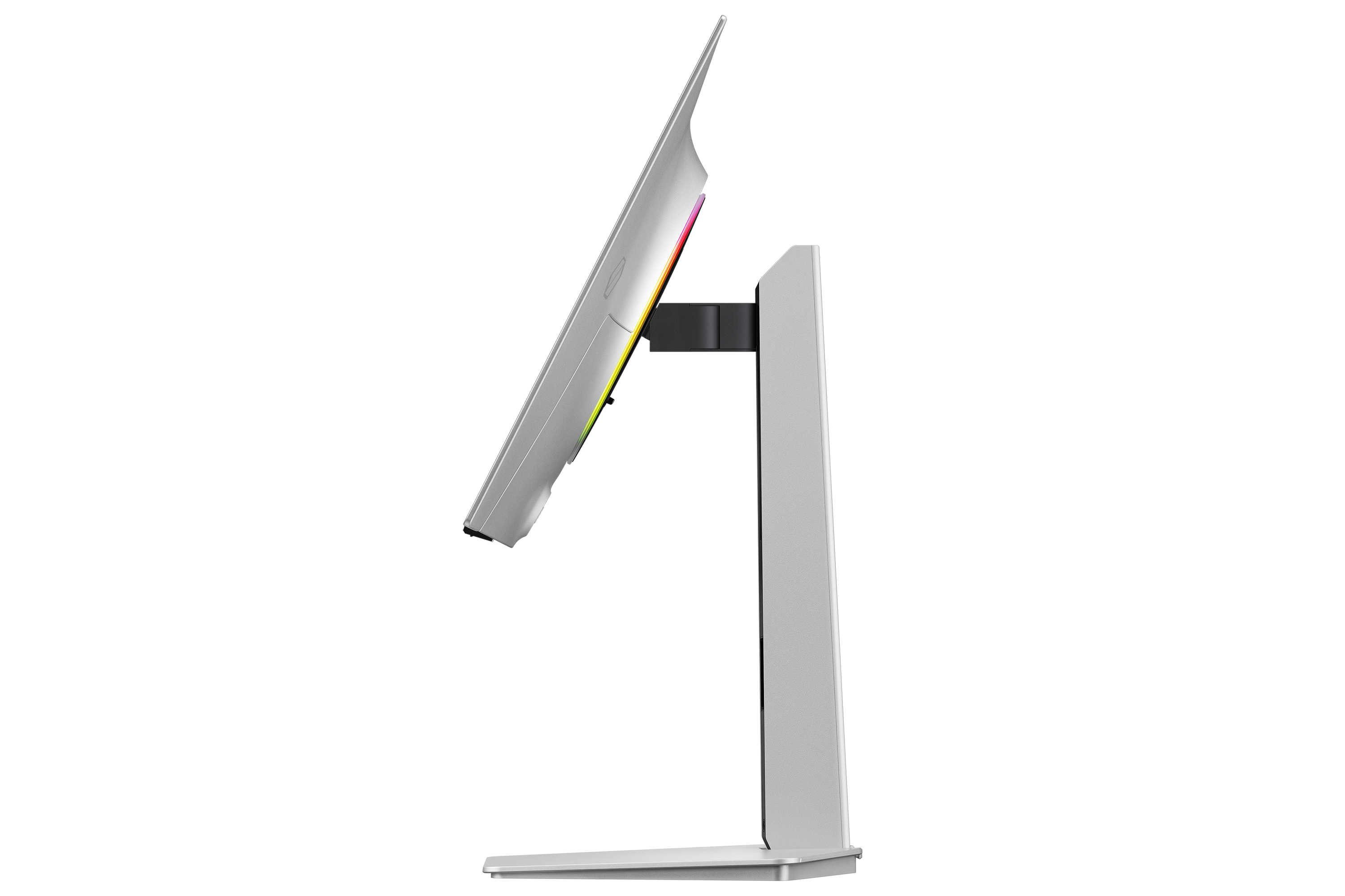 Silberner Monitor von der Seite mit RGB-Beleuchtung am unteren Rand.