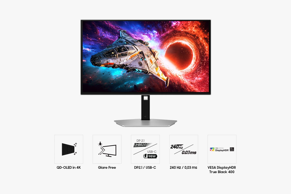 Ein Monitor mit Weltraum-Hintergrund und einem Raumschiff. Merkmale: QD-OLED, 240 Hz, 0,03 ms.