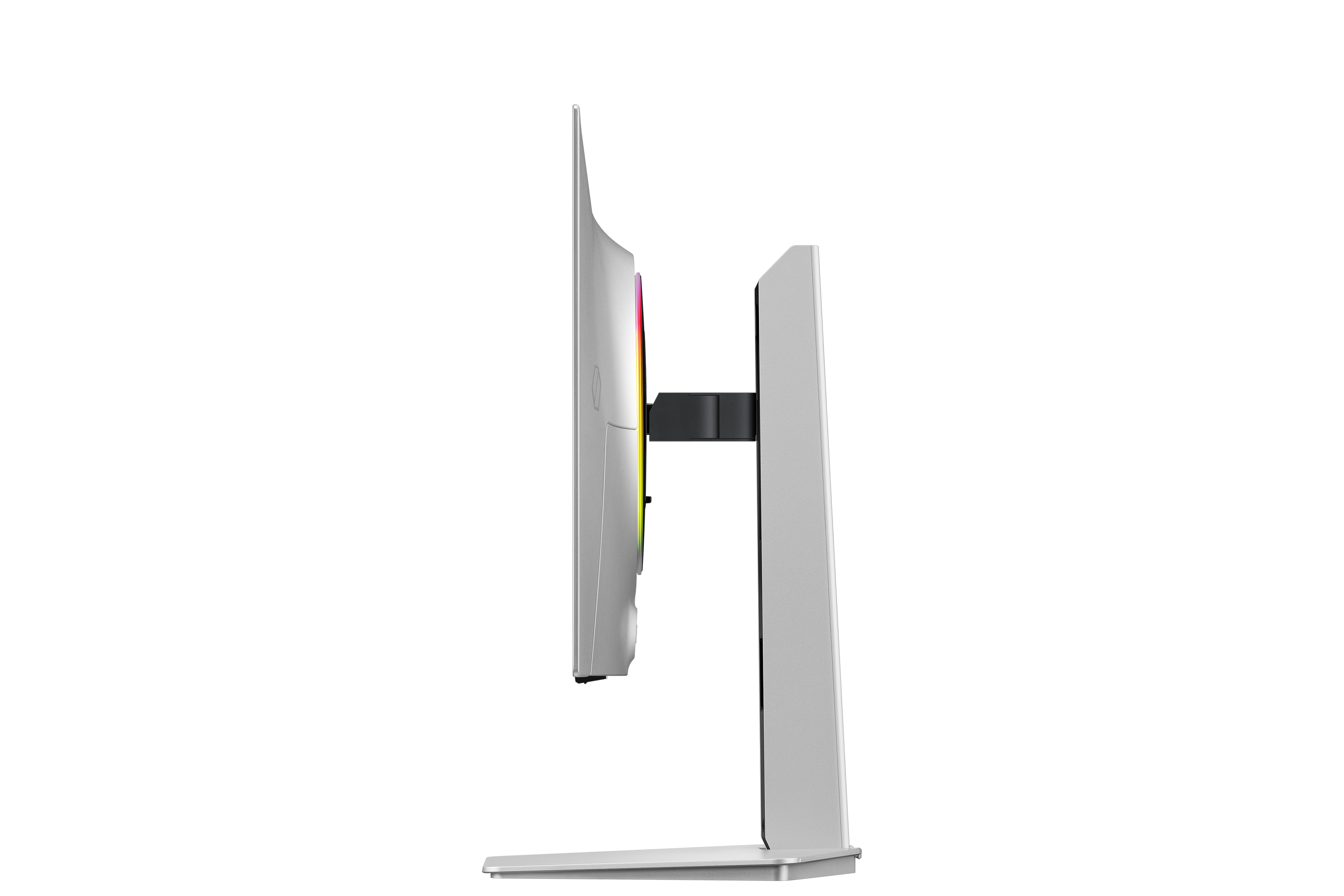 Grauer Monitor mit RGB-Beleuchtung auf einem Ständer, von der Seite gesehen.