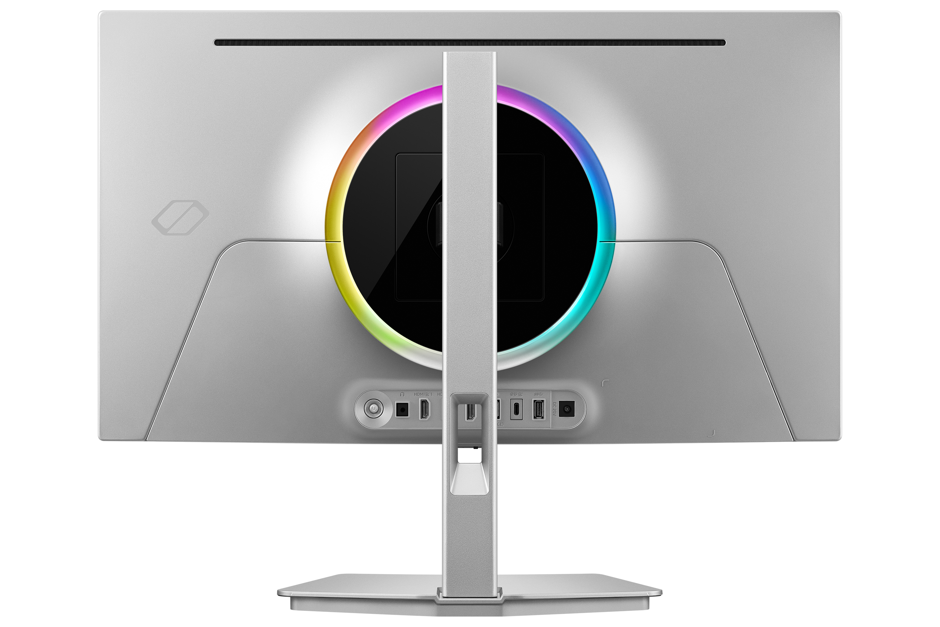 Rückseite eines silbernen Monitors mit RGB-Beleuchtung und Anschlüssen.