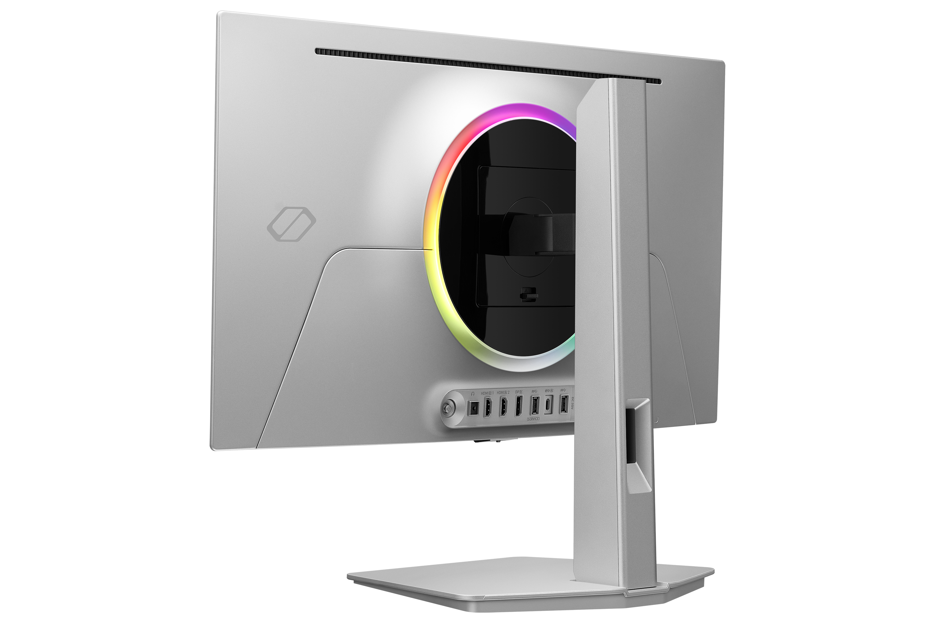 Rückseite eines silbernen Monitors mit RGB-Beleuchtung und Anschlüssen.