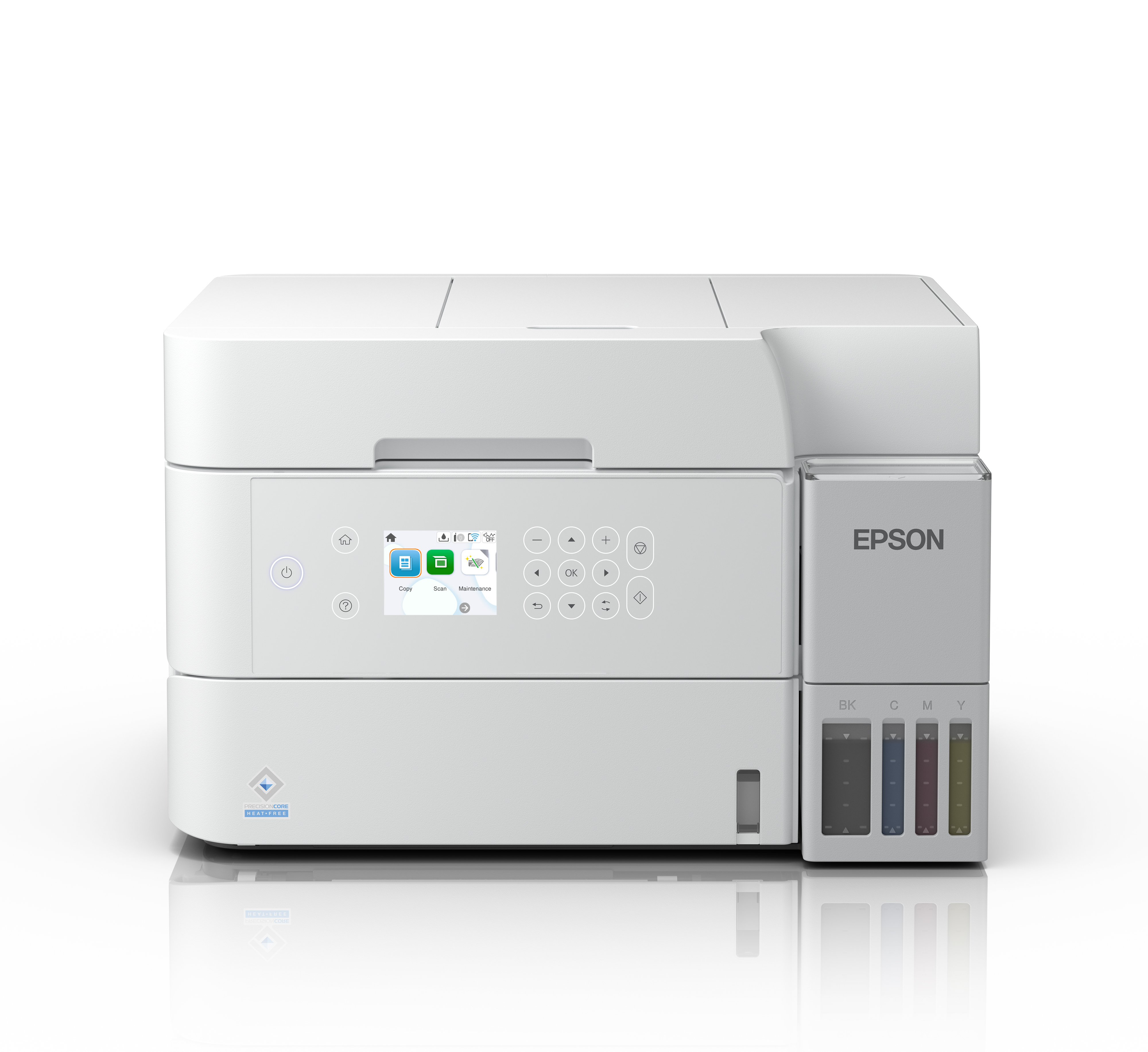 Biała drukarka Epson ze zbiornikami na tusz i panelem sterowania.