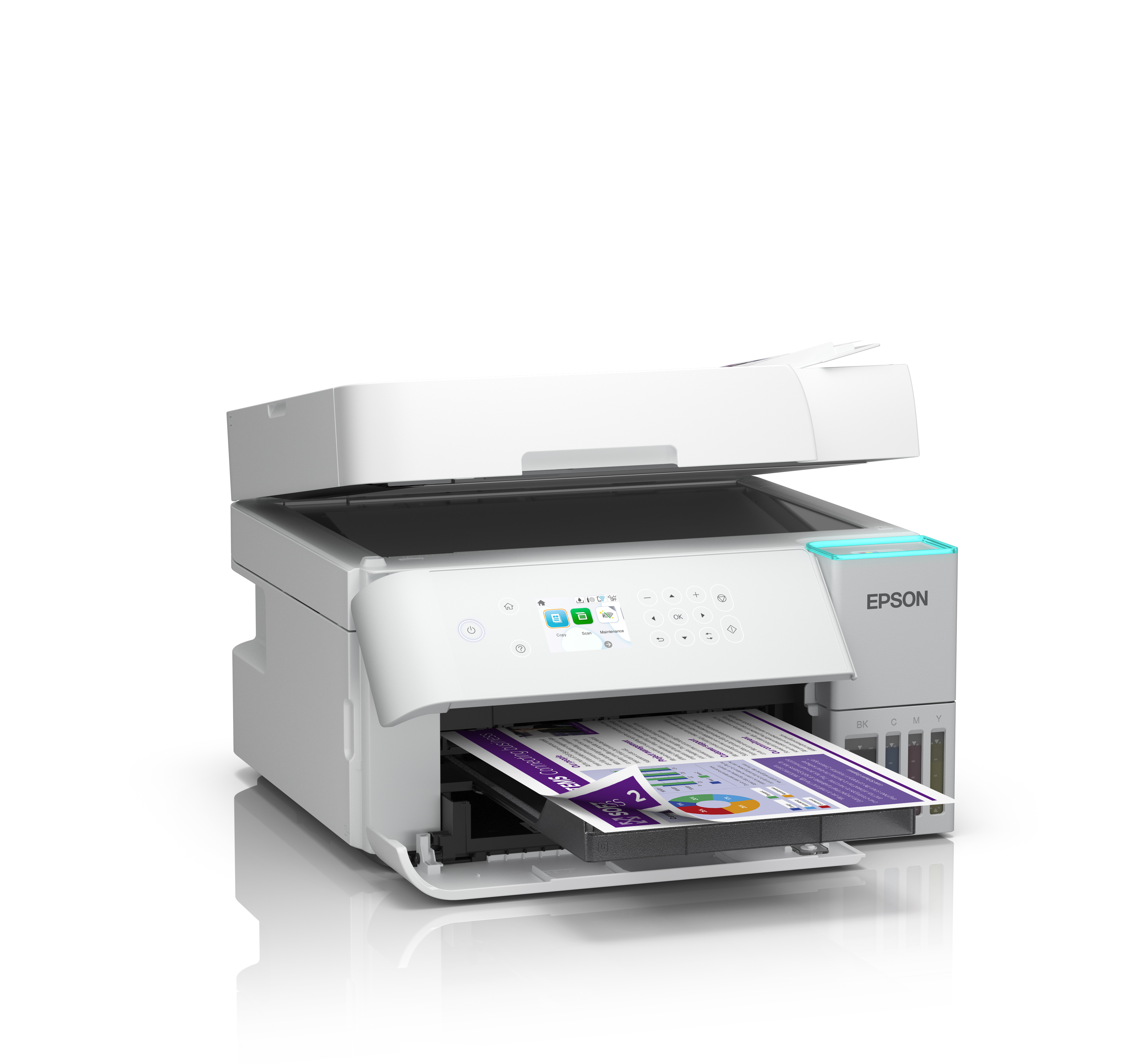 Biała drukarka Epson z otwartą pokrywą drukuje fioletowy dokument.