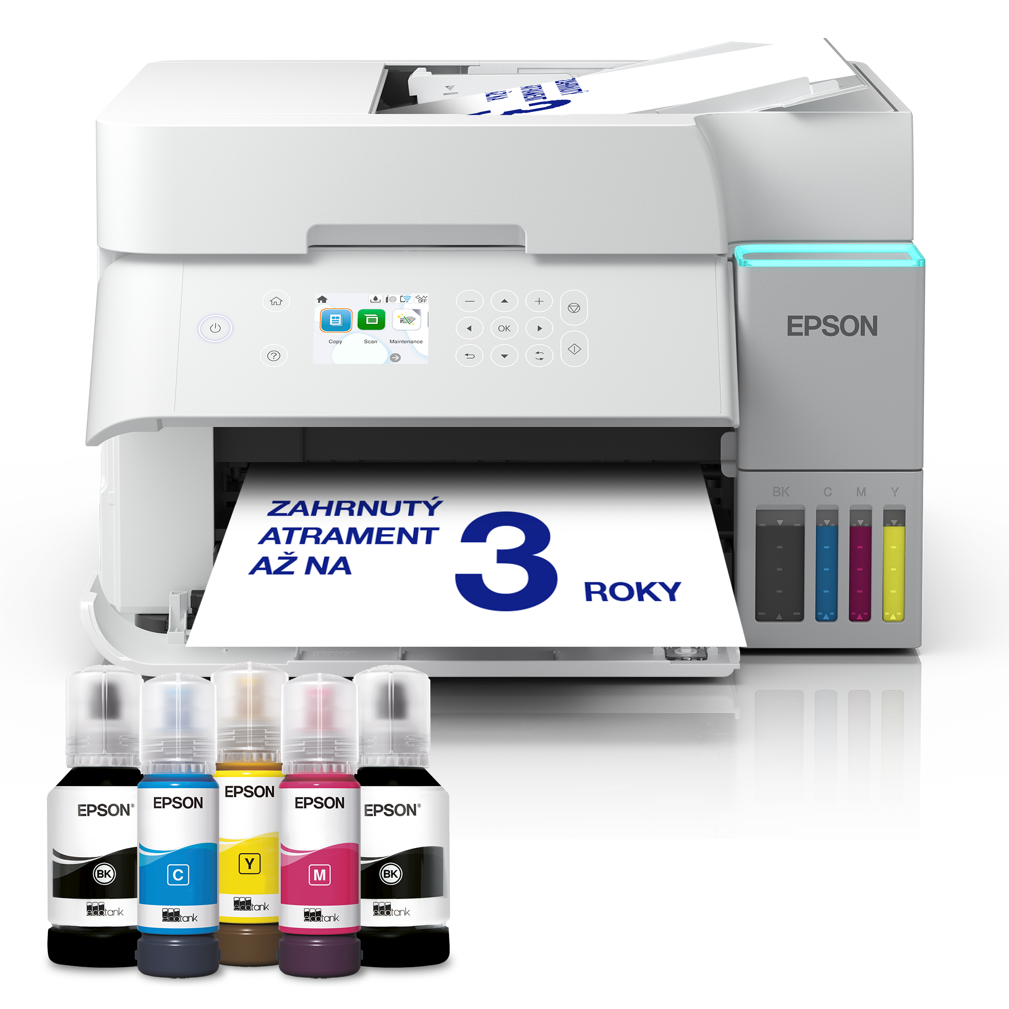 Biała drukarka Epson z butelkami tuszu czarnego, cyjan, żółtego i magenta.