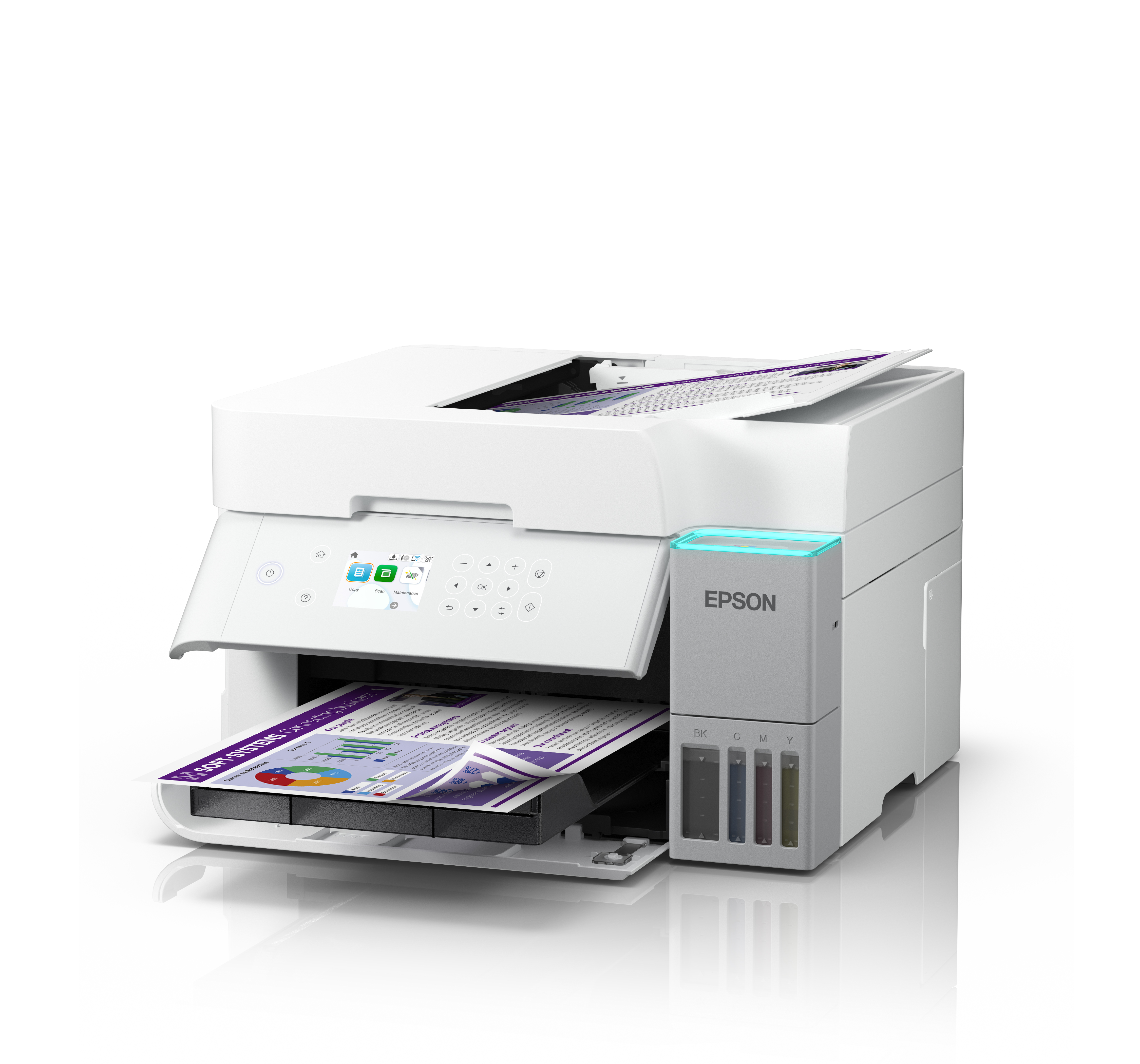 Biała drukarka Epson z załadowanymi dokumentami i widocznymi zbiornikami na tusz.