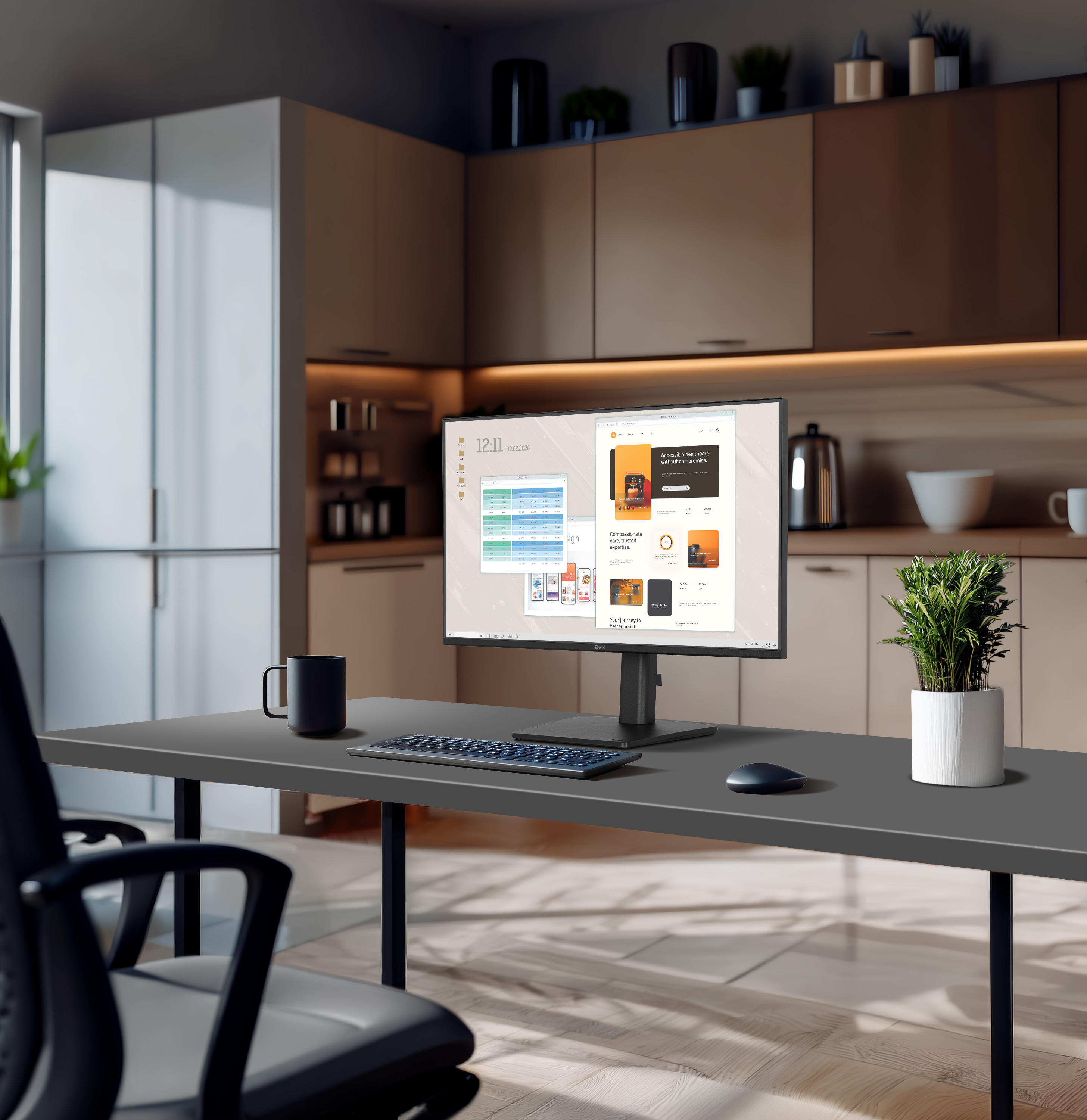 Ein modernes Heimbüro mit Computer, Tastatur, Maus und Tasse auf einem Schreibtisch.