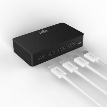 Schwarzer HDMI-Splitter mit vier weißen Kabeln auf weißem Hintergrund.