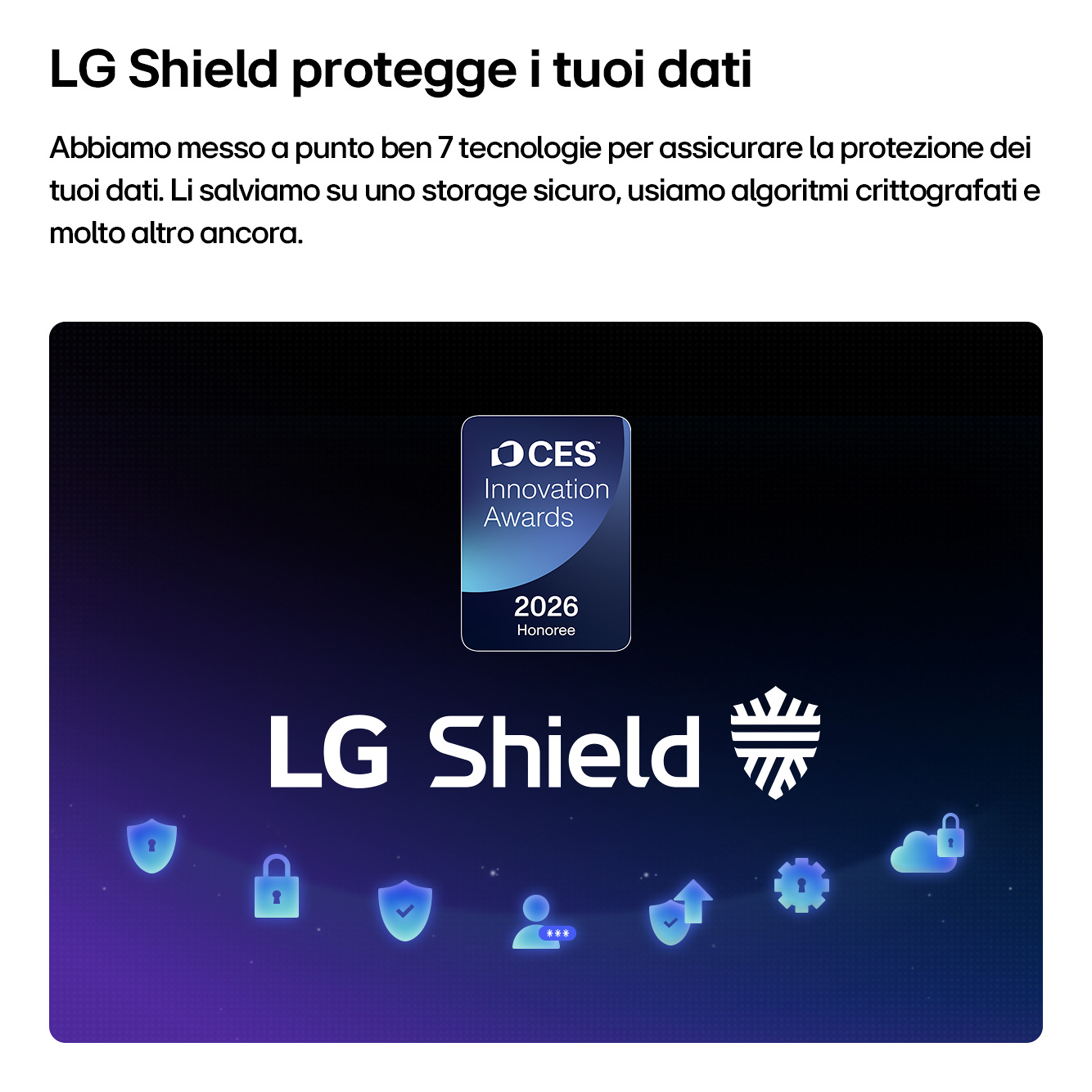 LG Shield prezentuje nagrody CES Innovation 2026. Ikony bezpieczeństwa i danych.
