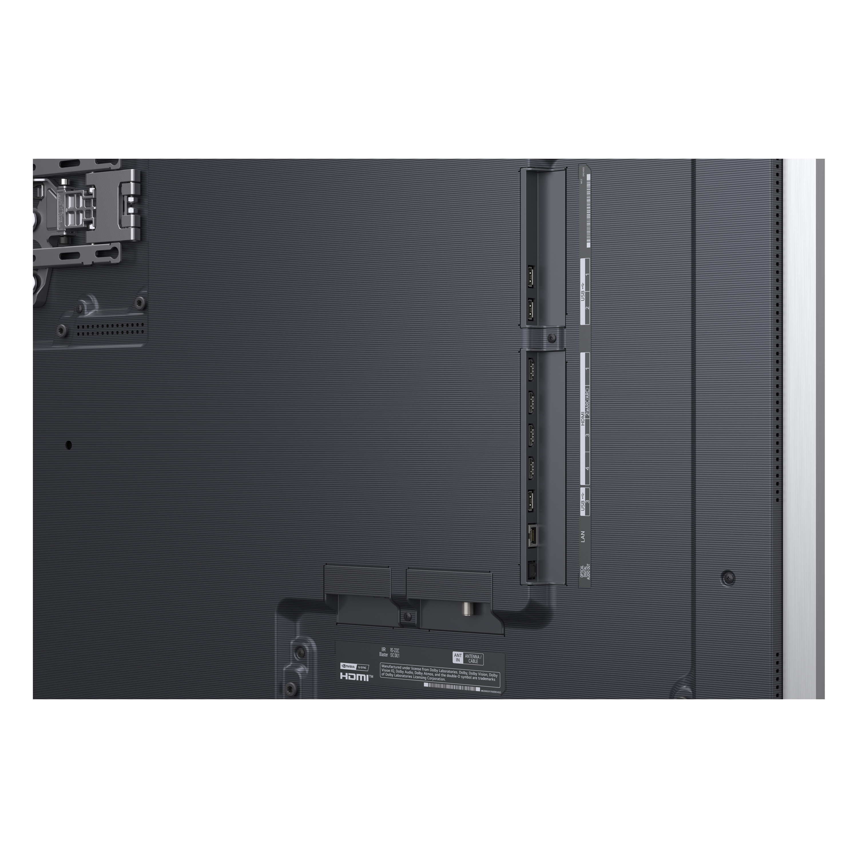 Tył telewizora z portami: HDMI, USB, LAN i antena.