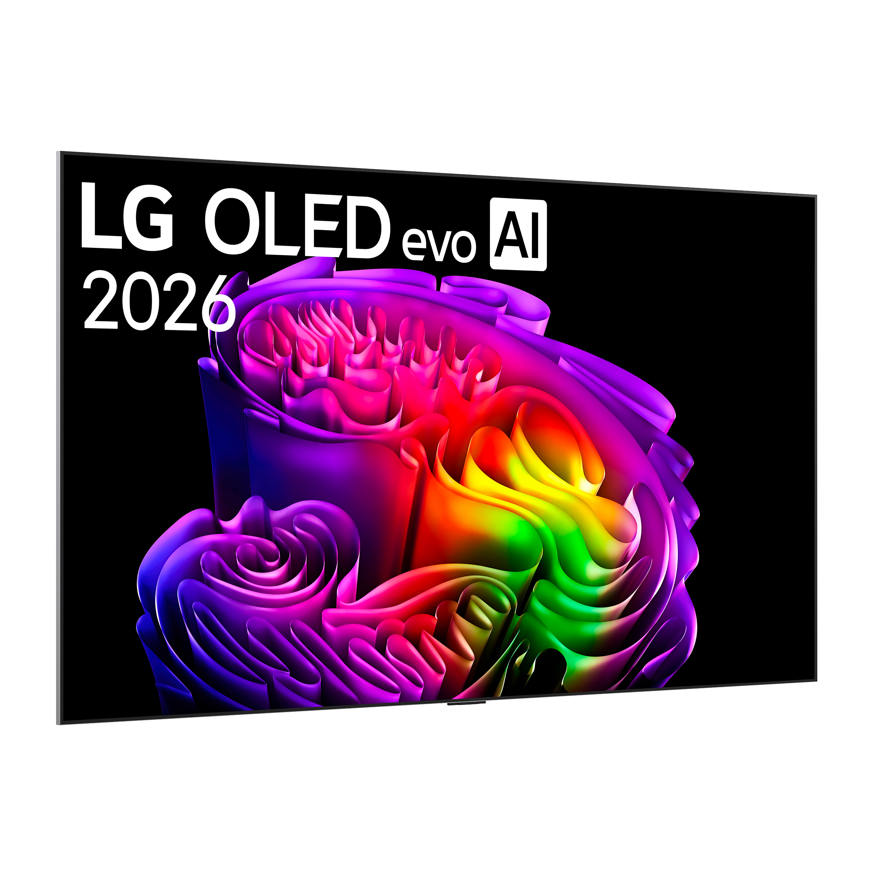 Telewizor LG OLED evo AI 2026 z abstrakcyjnym, kolorowym wzorem.