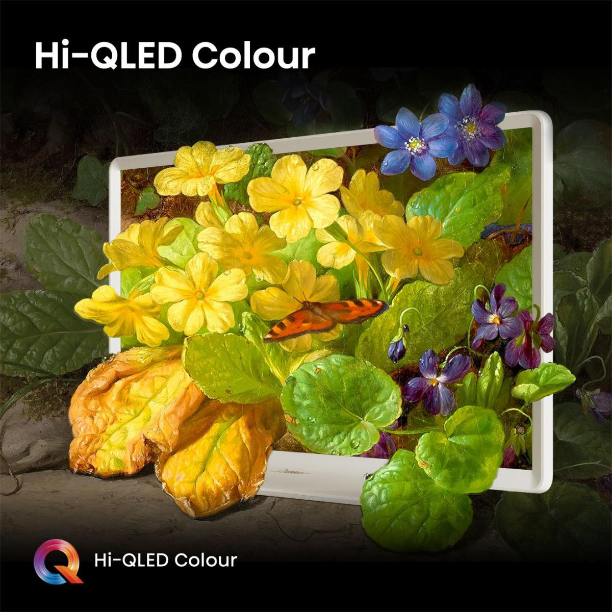 Ein Fernsehbildschirm zeigt gelbe und blaue Blumen mit einem Schmetterling.