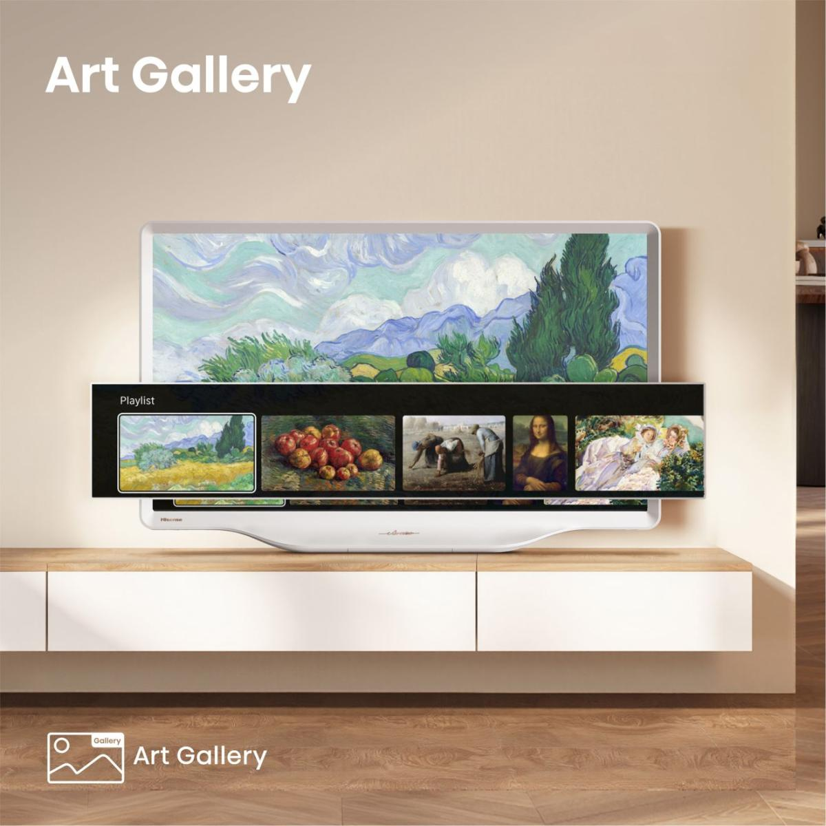Ein Fernsehbildschirm zeigt eine Kunstgalerie-Playlist mit Van Gogh und Mona Lisa.