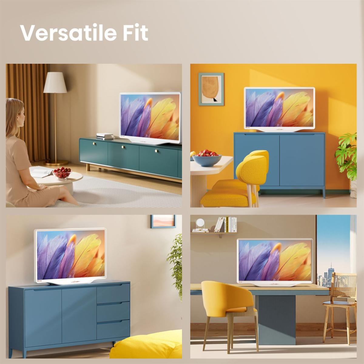 Vier Szenen zeigen einen Fernseher in verschiedenen Wohnbereichen.