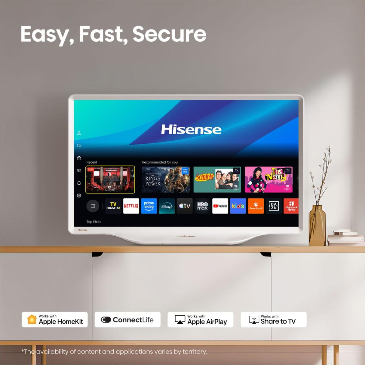 Ein Hisense-Fernseher zeigt eine Smart-TV-Oberfläche mit Apps wie Netflix und YouTube.