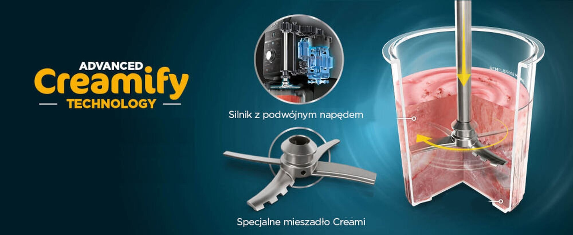 Mieszadło Creamify z silnikiem i specjalną nasadką w pojemniku z różową masą.