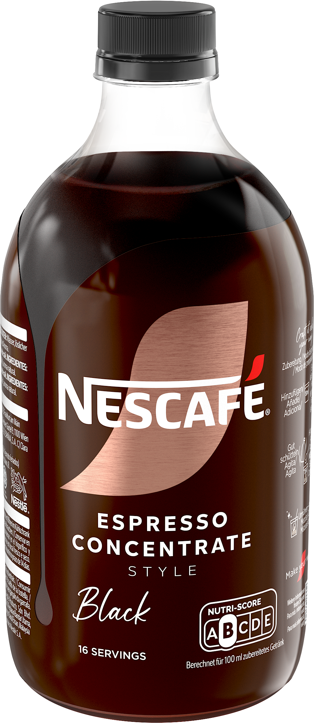 Eine braune Flasche Nescafé Espresso Konzentrat Black Style mit Nescafé Logo.