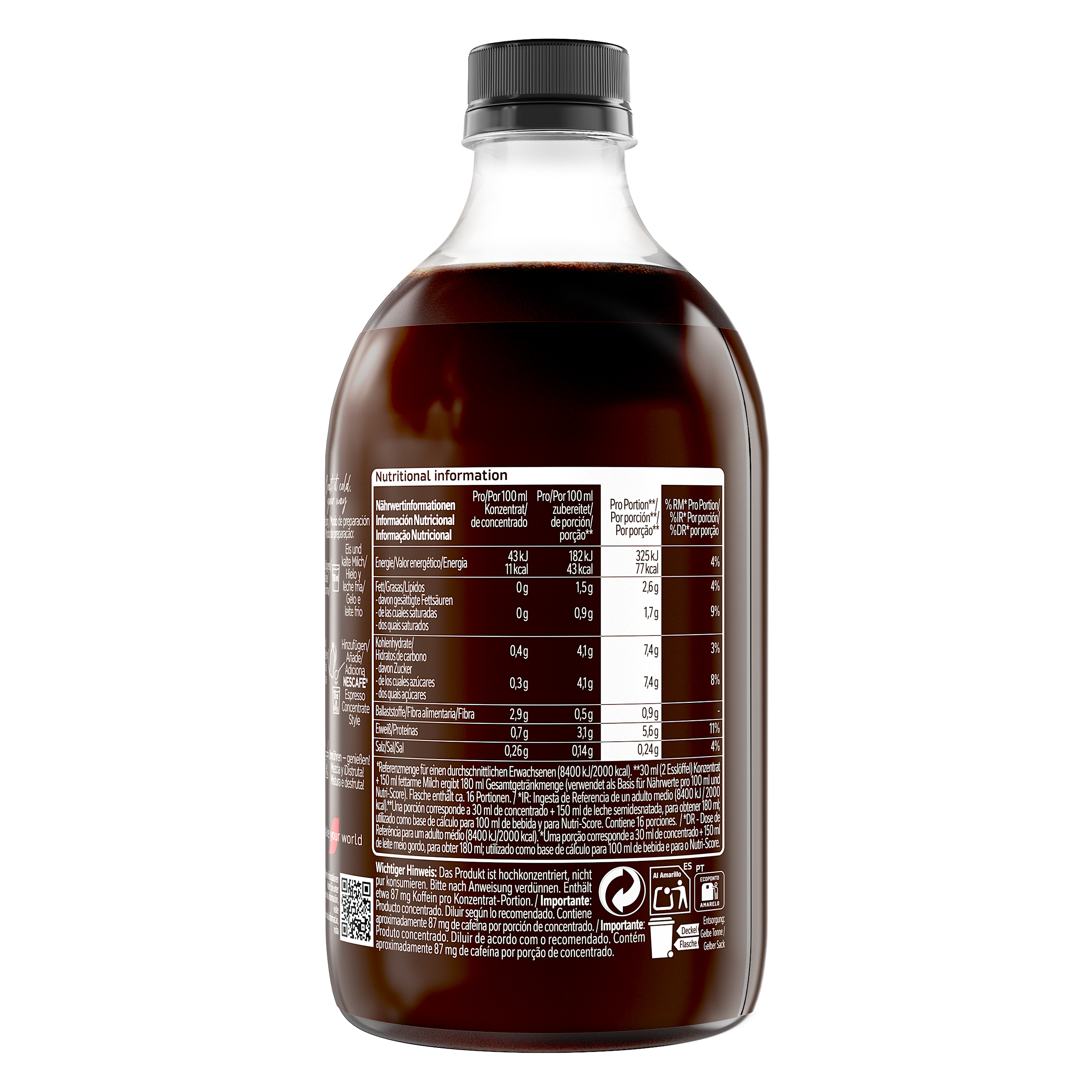 Eine braune Flasche mit schwarzem Deckel, auf der Nährwertangaben stehen.