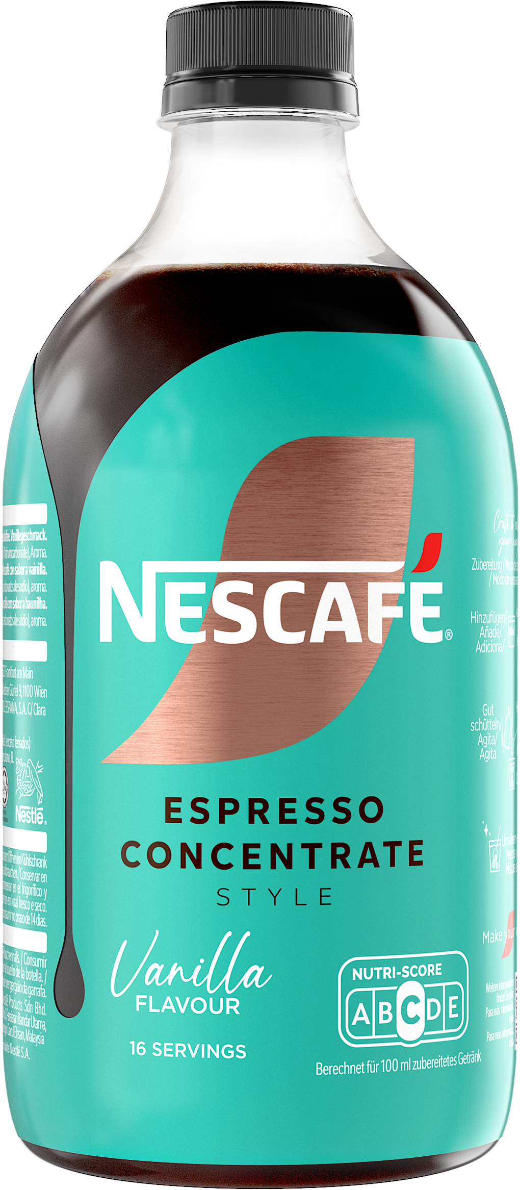Nescafé Espresso Konzentrat Vanille Geschmack Flasche mit Nutri-Score.