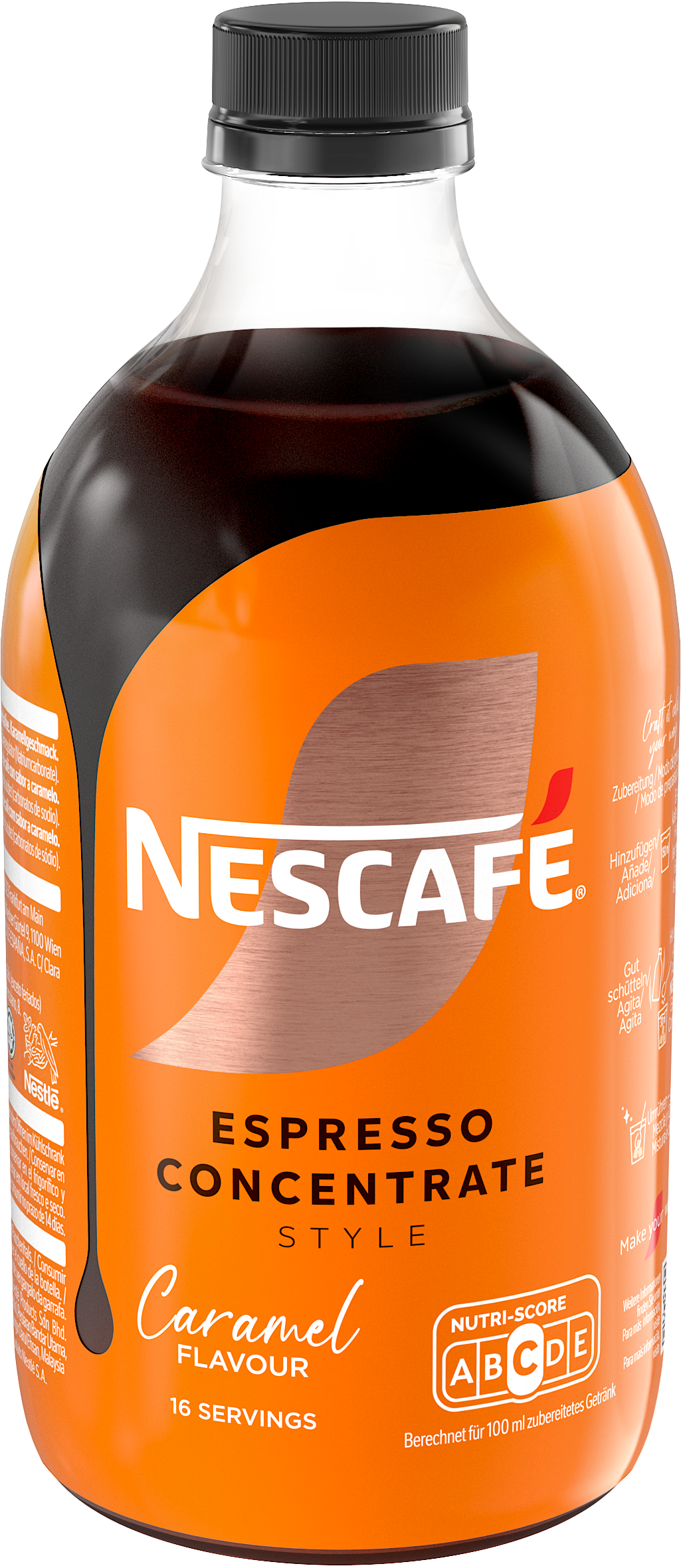 Nescafé Espresso Concentrate Caramel Flavour, 16 Servings, orange bottle.