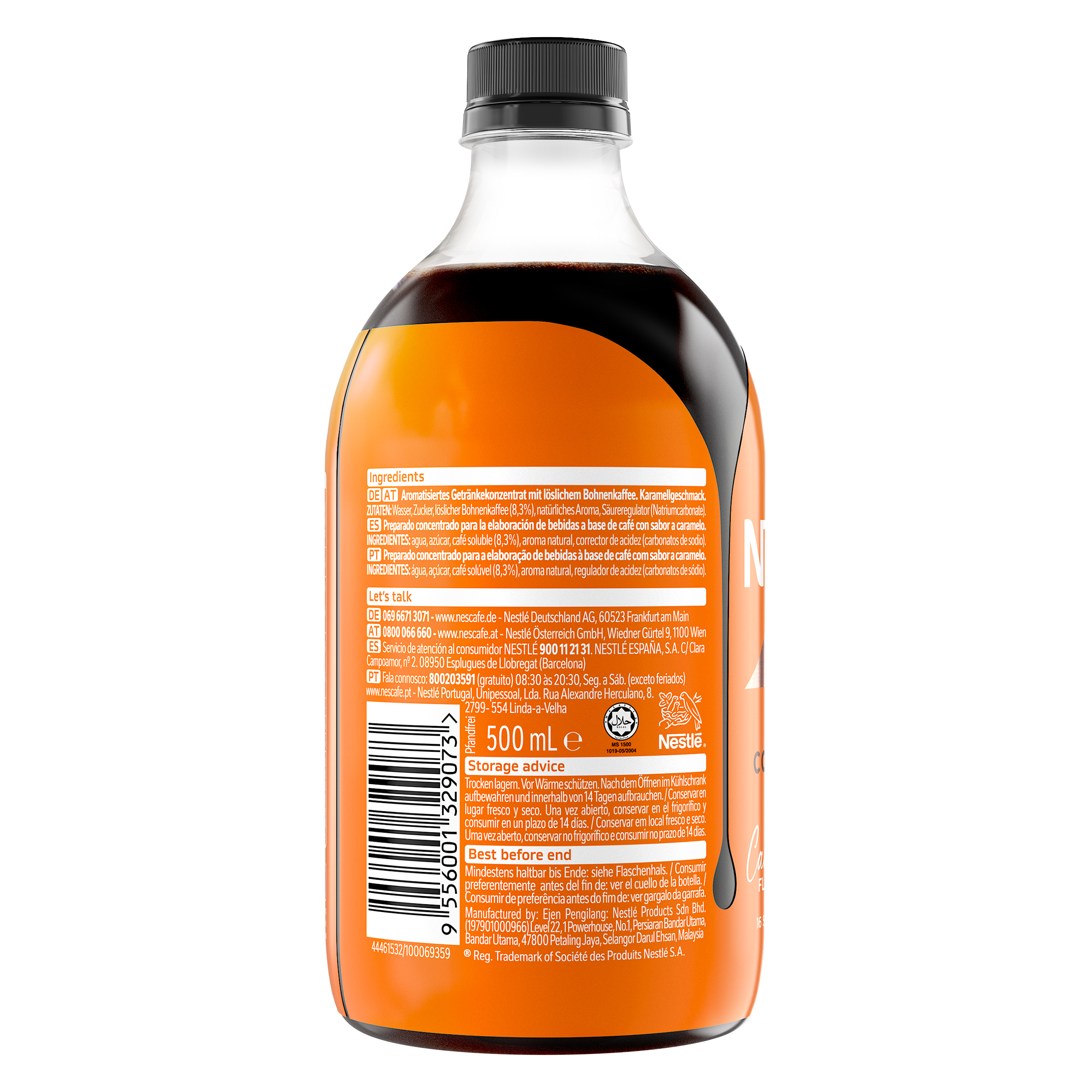 Eine klare Flasche mit Nescafé-Getränkekonzentrat und Caramelgeschmack.