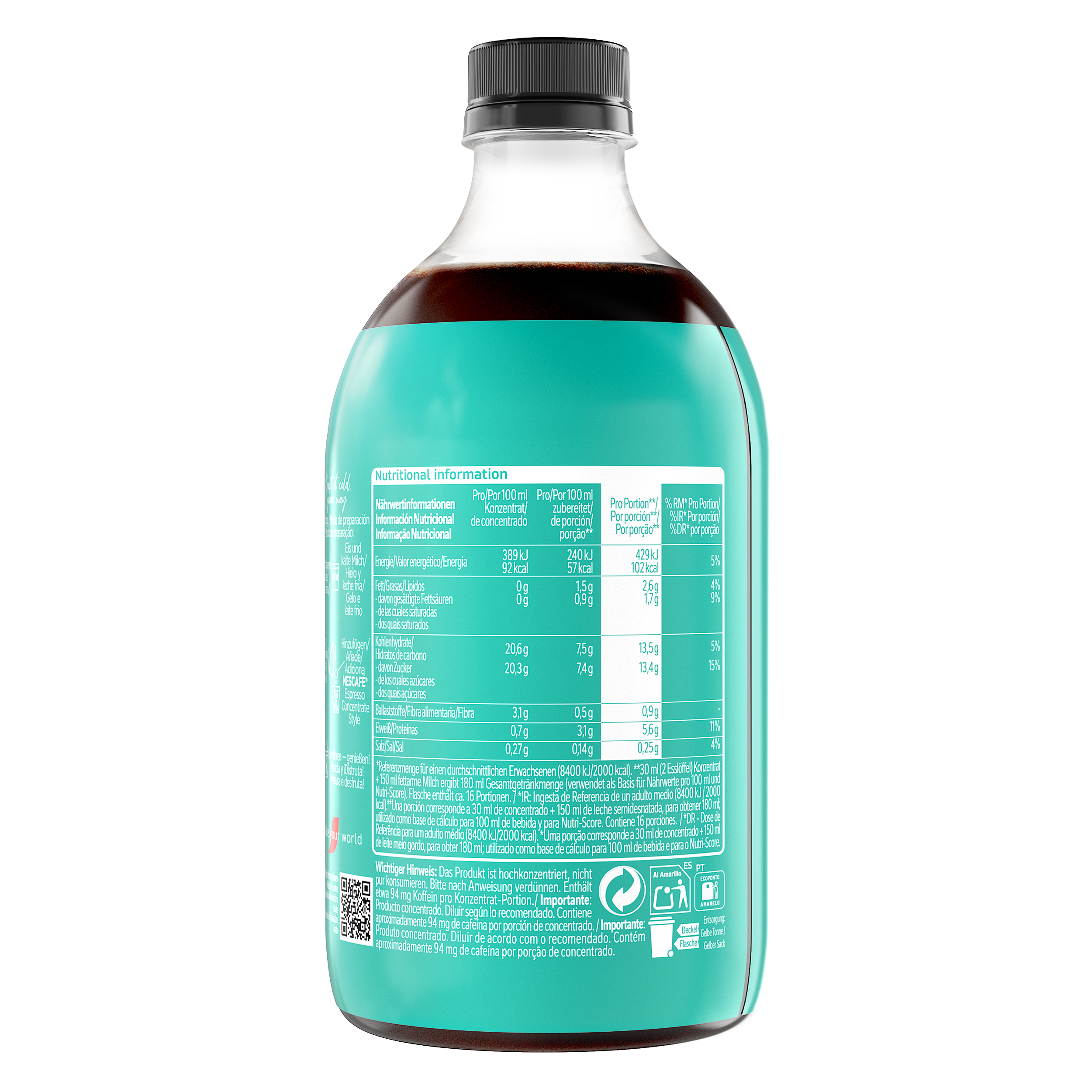 Eine Flasche Nescafé Espresso Konzentrat mit Nährwertangaben und Zubereitungshinweisen.