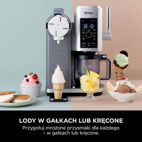 Maszyna do lodów Ninja z różnymi lodami i dodatkami.
