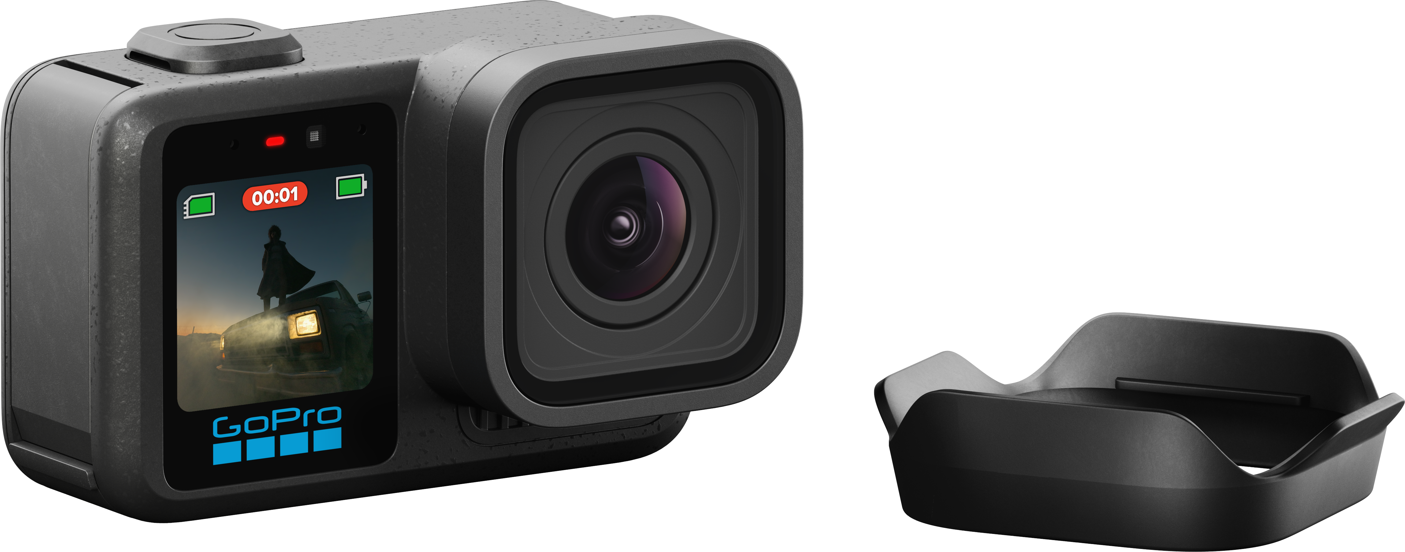 Graue GoPro mit Linse, Bildschirm zeigt Person auf Auto. Schwarzer Ständer.
