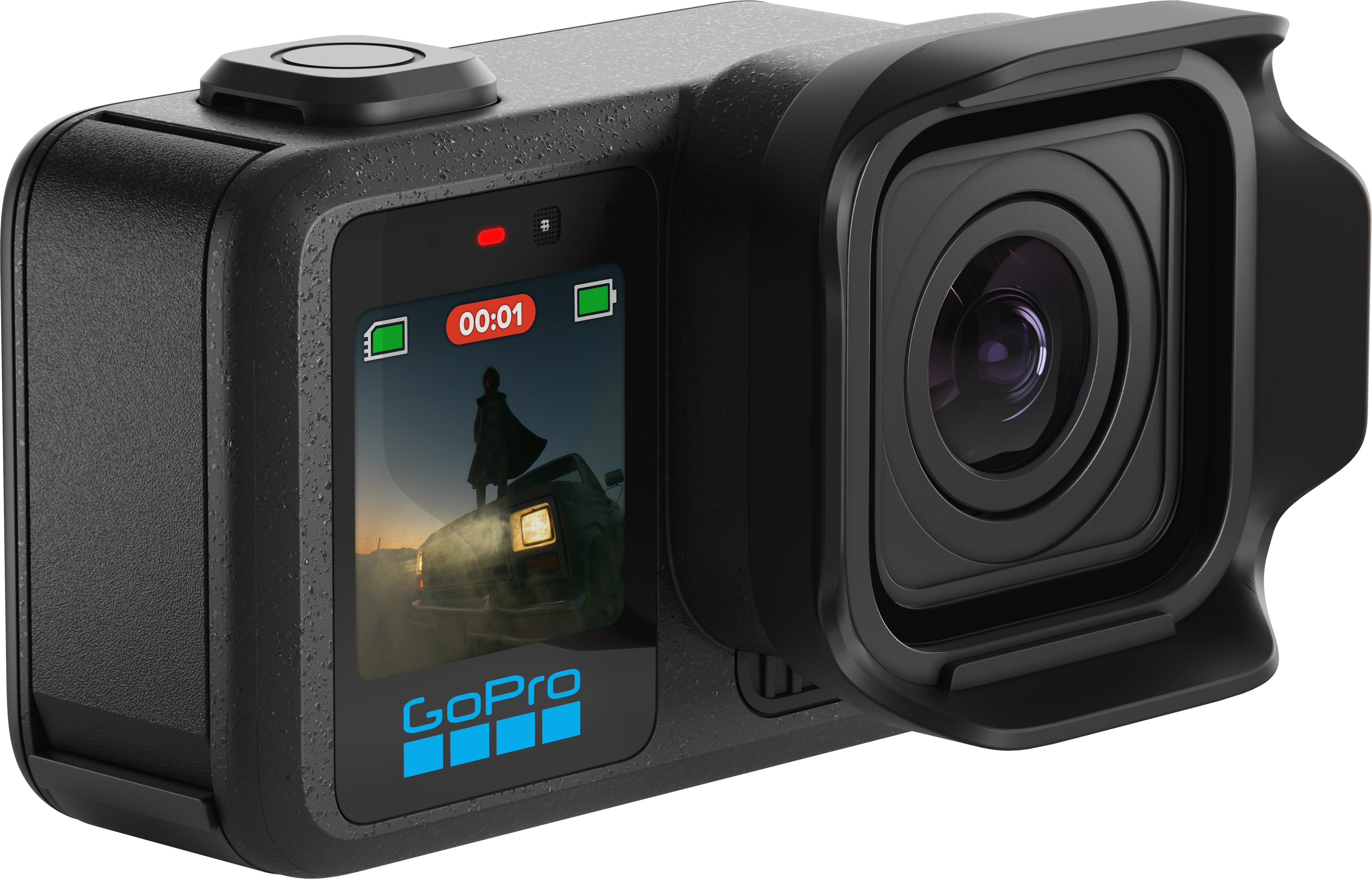 Schwarze GoPro-Kamera mit Objektiv und Bildschirm, der eine Person auf einem Auto zeigt.
