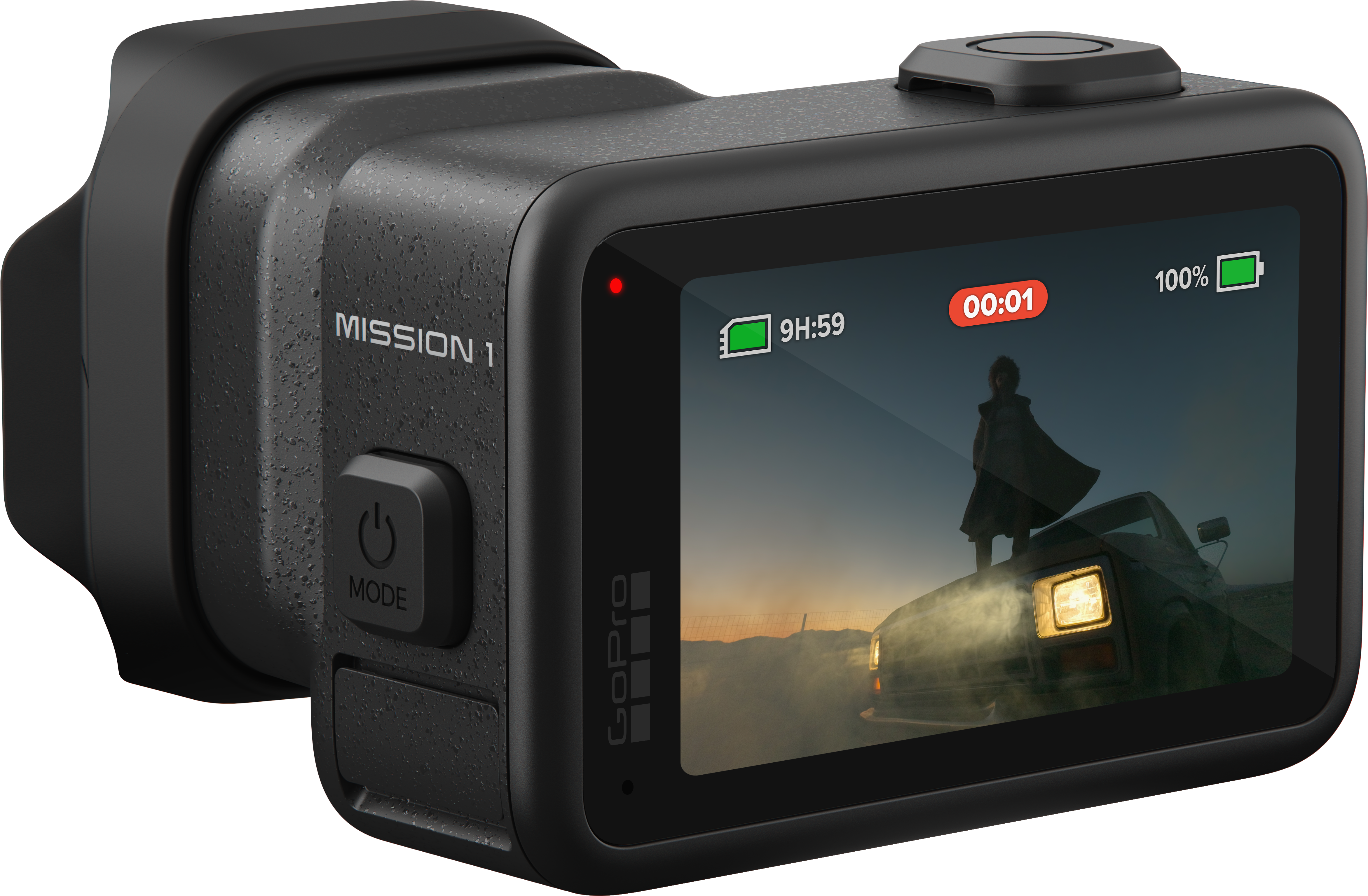 GoPro mit "MISSION 1" Aufschrift, "MODE"-Taste und Bildschirm, der eine Person auf einem Auto zeigt.