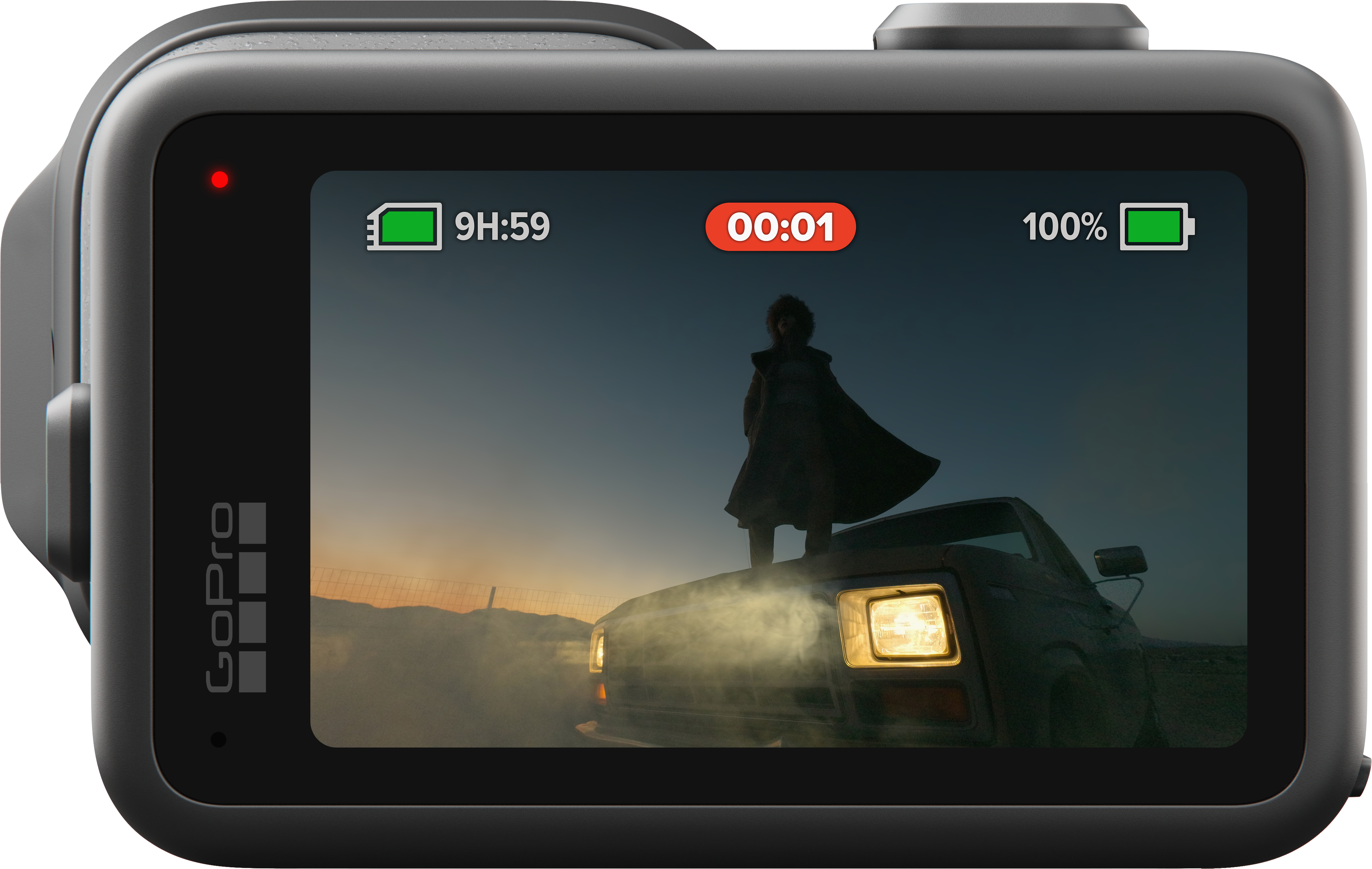 GoPro-Bildschirm zeigt Person auf Auto. 9H:59 Akku, 00:01 Timer, 100% Akku.