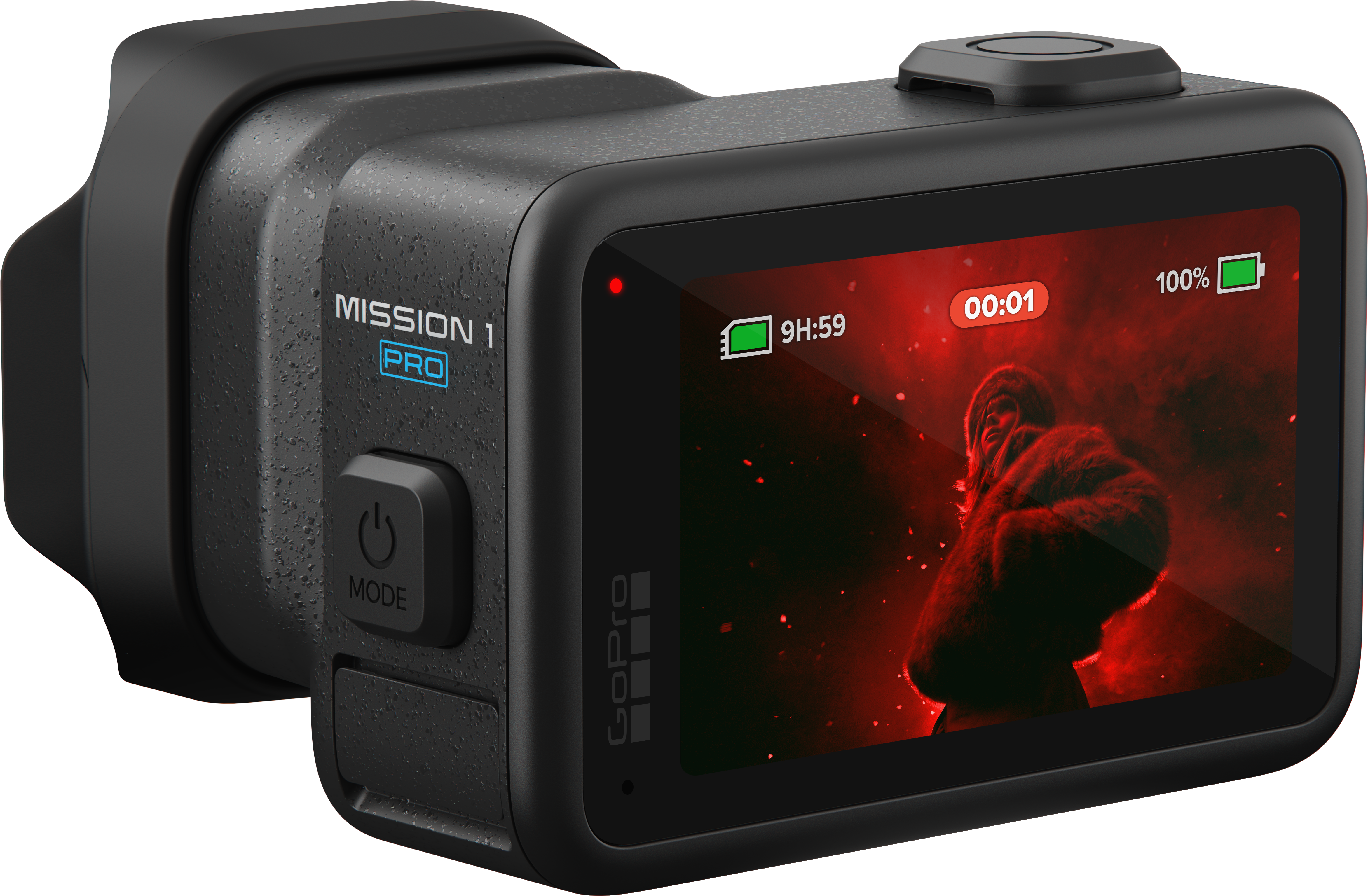 Caméra GoPro noire avec texte 'MISSION 1 PRO' et écran rouge montrant un gorille.