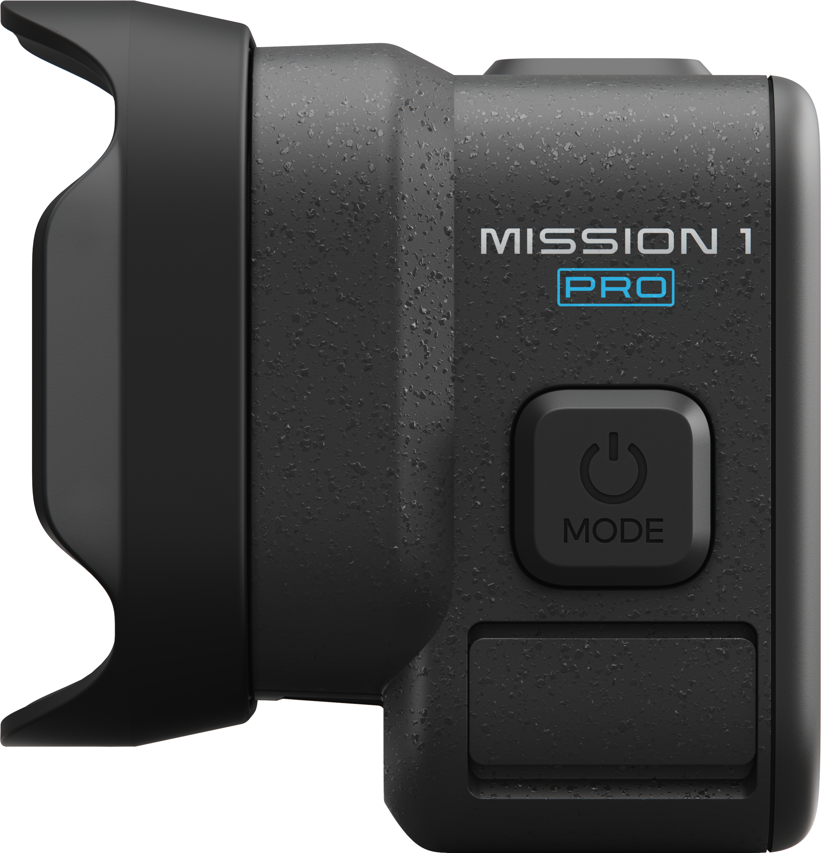 Caméra d'action noire avec texte "MISSION 1 PRO" et bouton de mode.