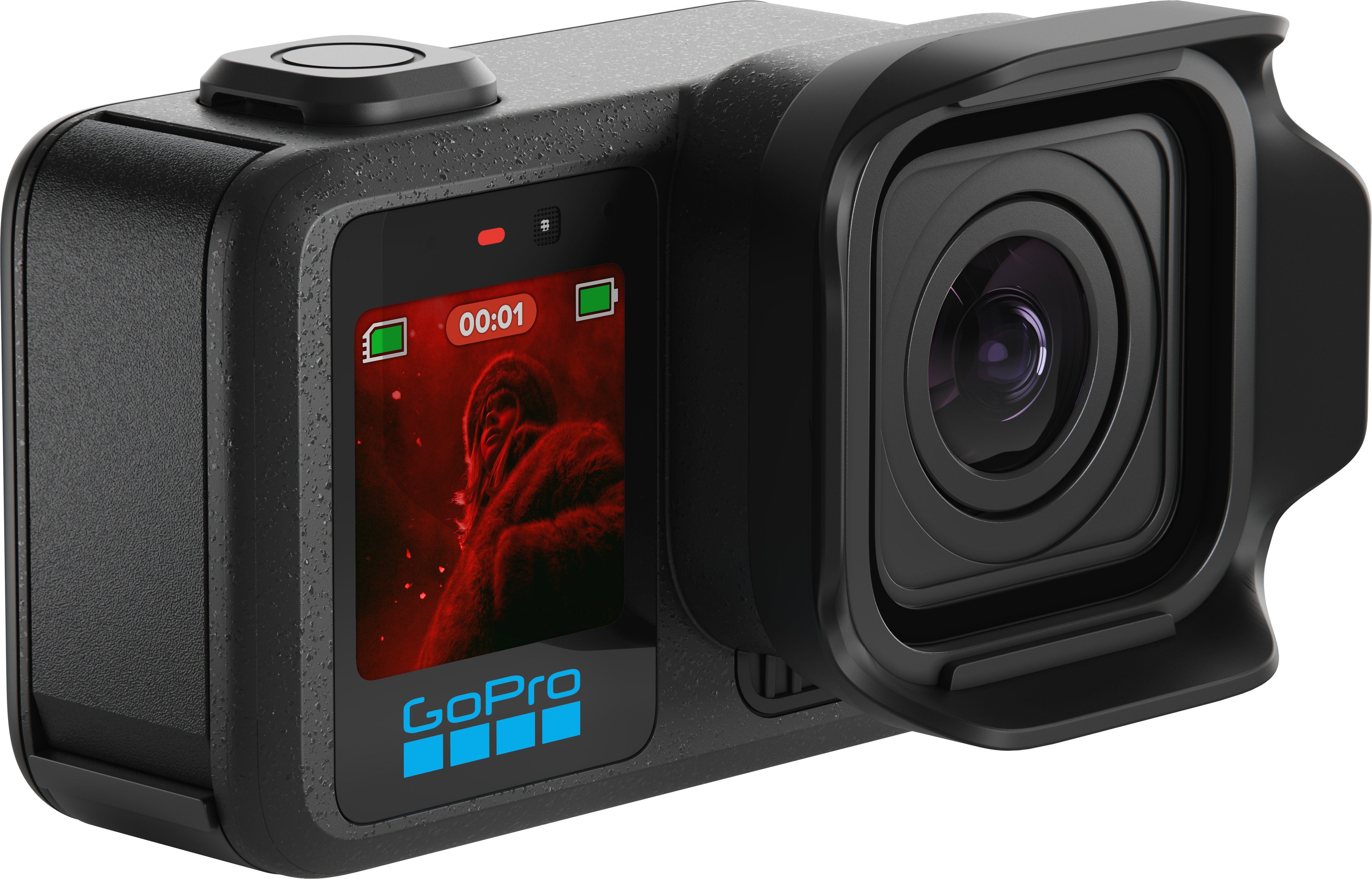 Caméra GoPro noire avec un écran montrant un gorille et le logo GoPro.