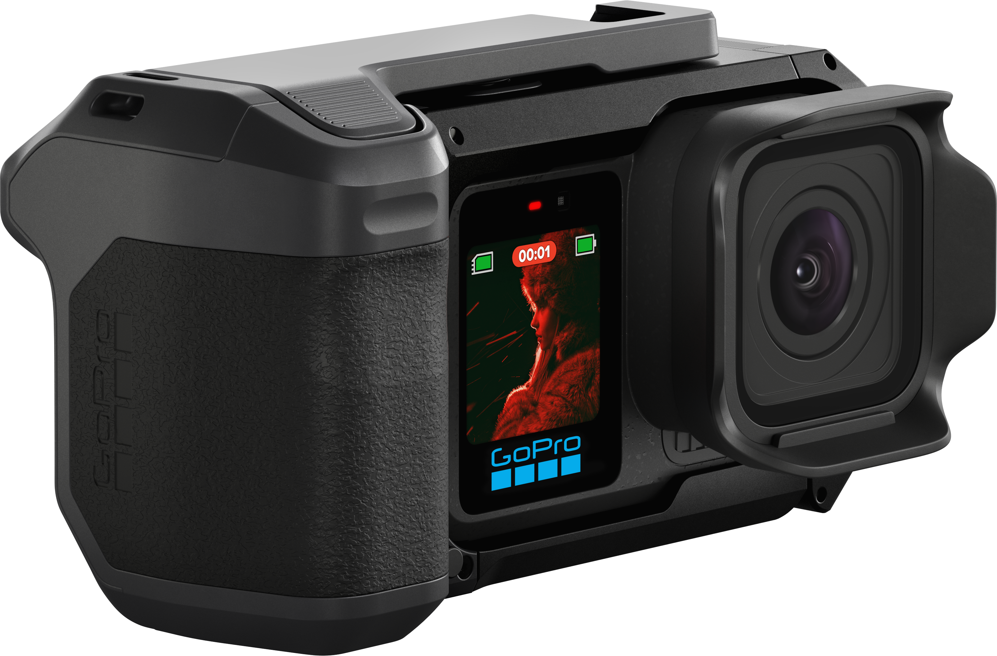 Eine schwarze GoPro-Kamera mit einem Display, das ein Porträt zeigt.