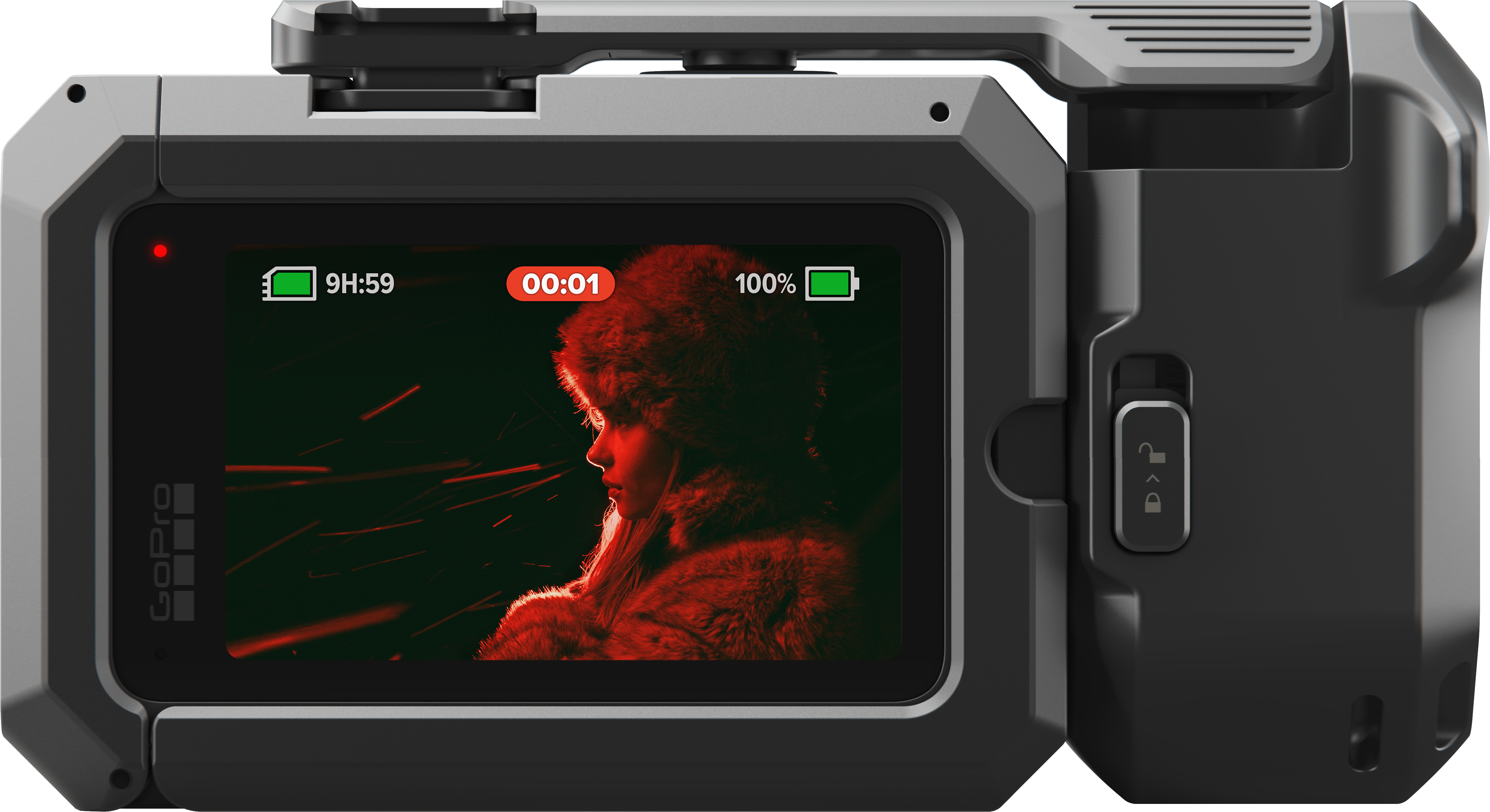 GoPro-Kameradisplay zeigt Frau im Pelzhut, rotes Licht, 9H:59 Akku, 00:01 Timer, 100% Akku.
