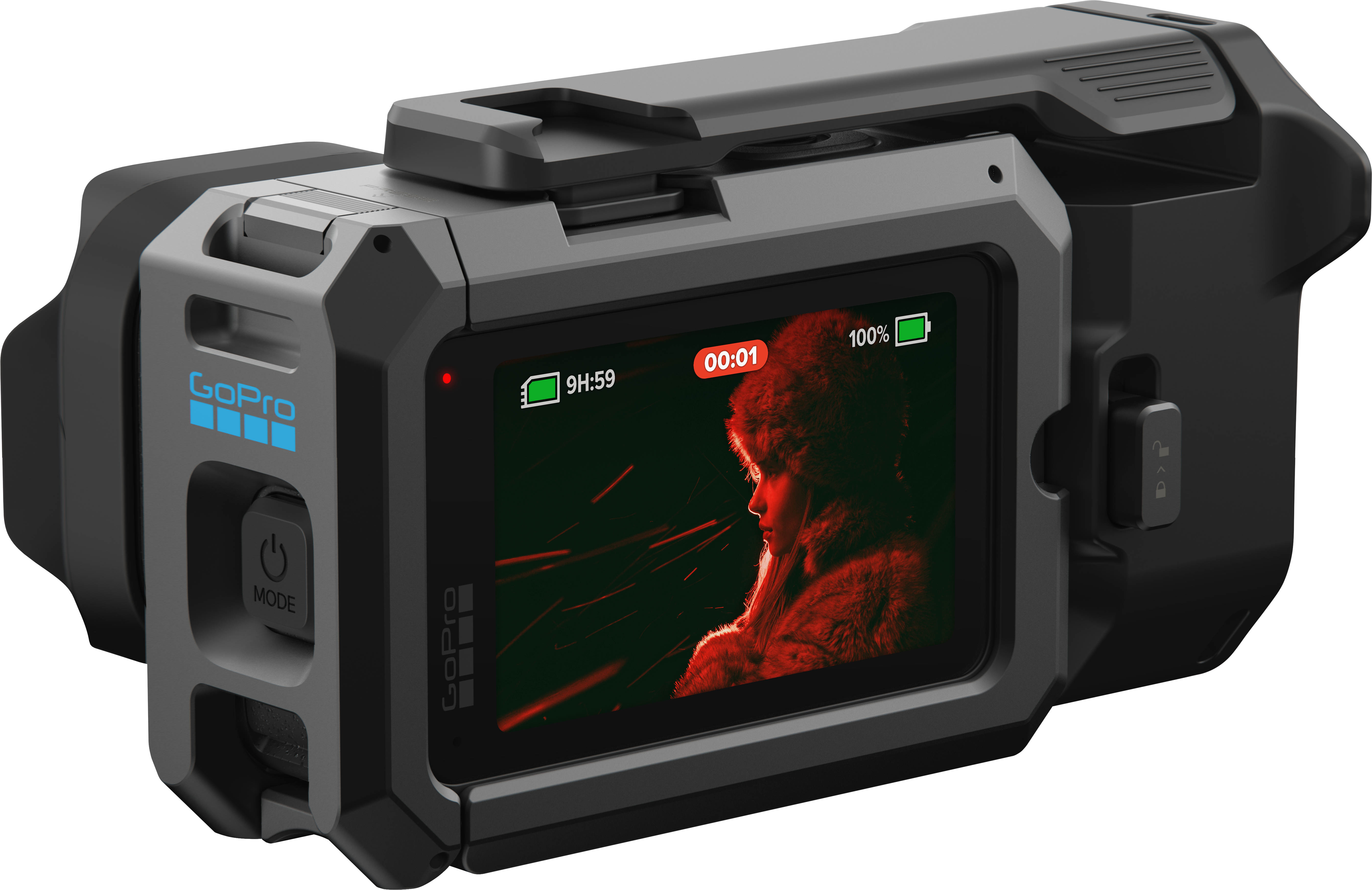 GoPro Kamera mit Bildschirm, der eine Frau mit Pelzmütze zeigt. Rote Lichter im Hintergrund.
