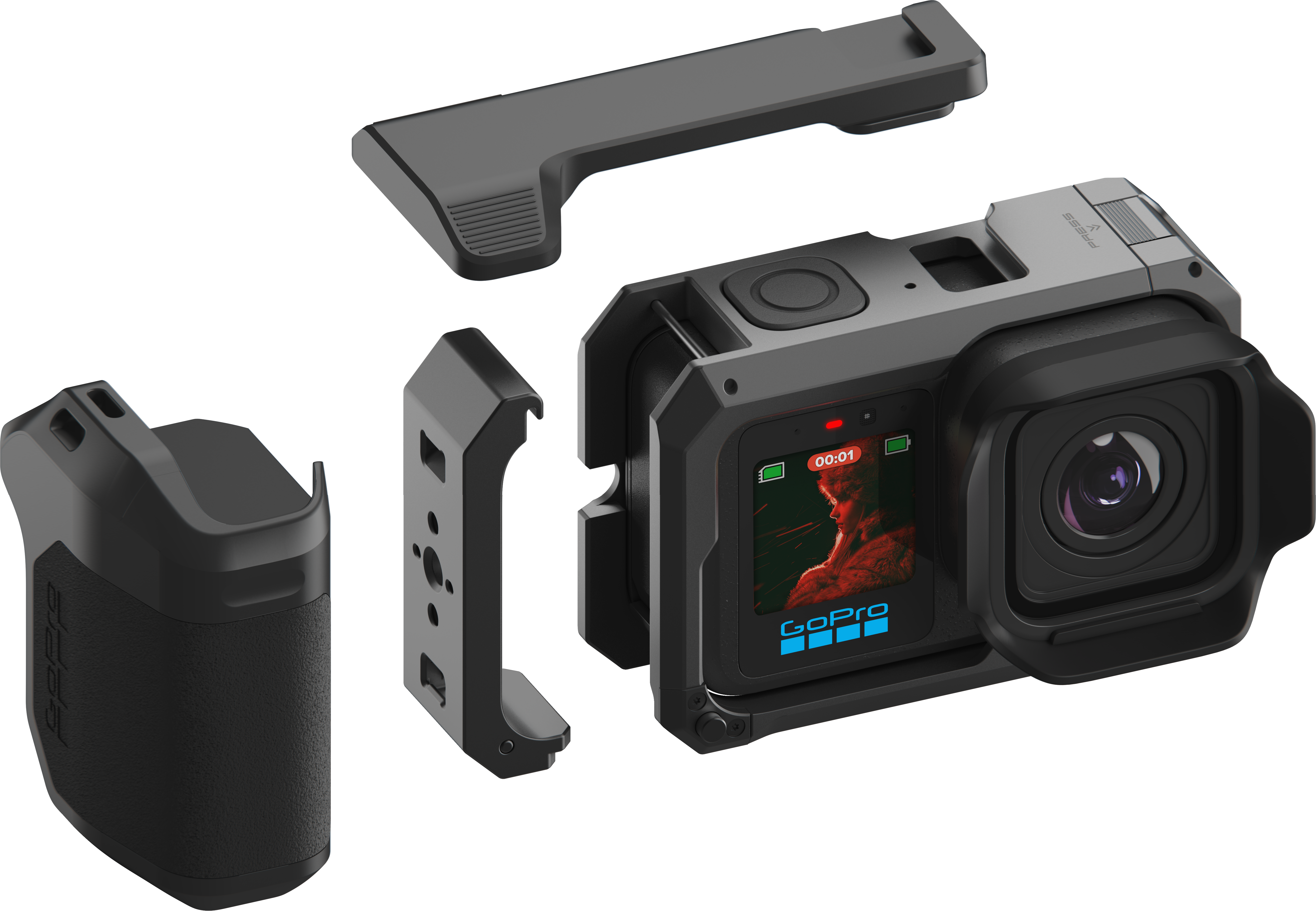 Ein schwarzer GoPro-Kamera-Rahmen mit abnehmbarem Griff und Zubehör.