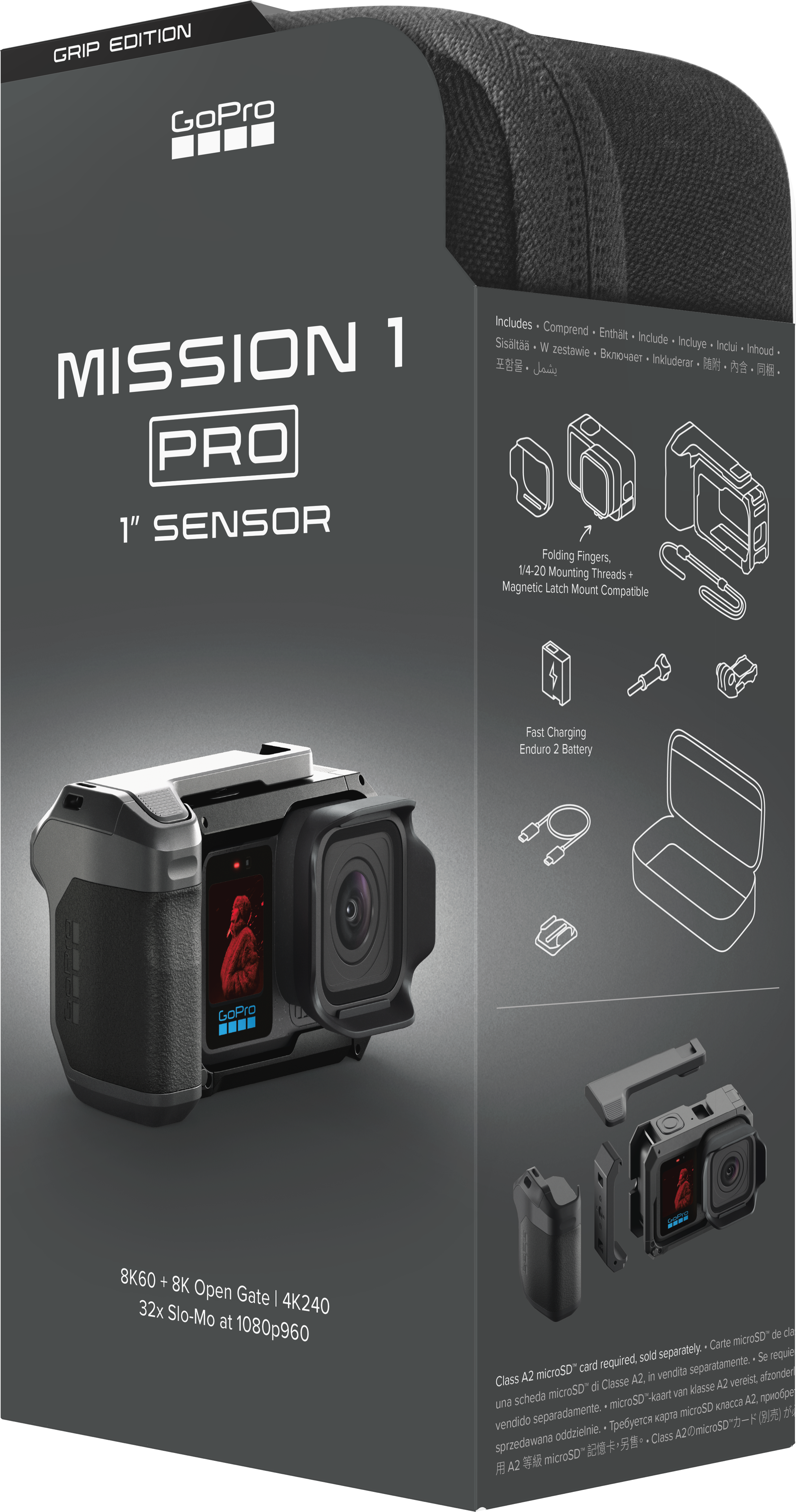 GoPro Mission 1 Pro Kamera mit 1" Sensor, Zubehör und Details.
