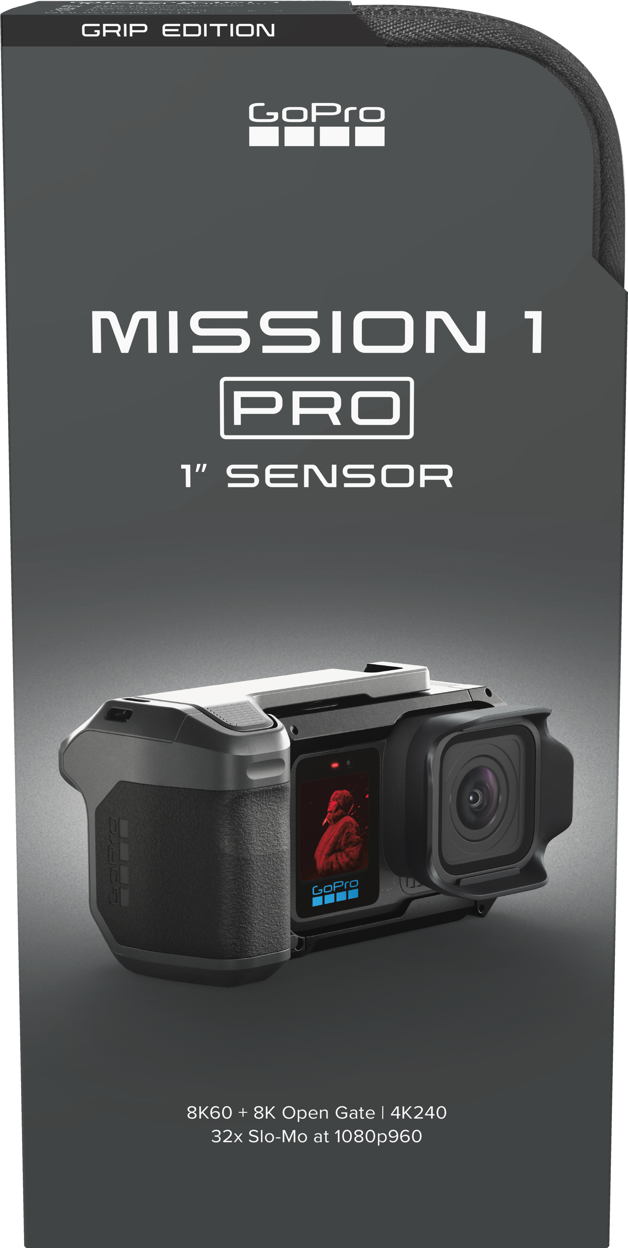 GoPro Mission 1 Pro mit 1-Zoll-Sensor, schwarzes Gehäuse, vordere Linse.
