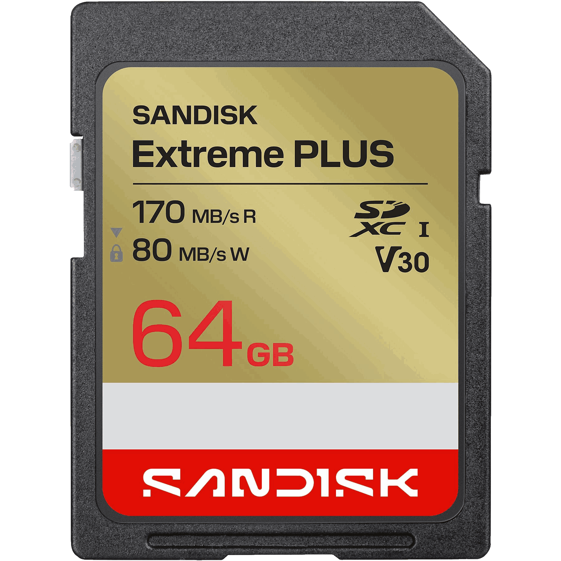 Tarjeta SD SanDisk Extreme PLUS de 64GB con 170MB/s lectura, 80MB/s escritura, V30.
