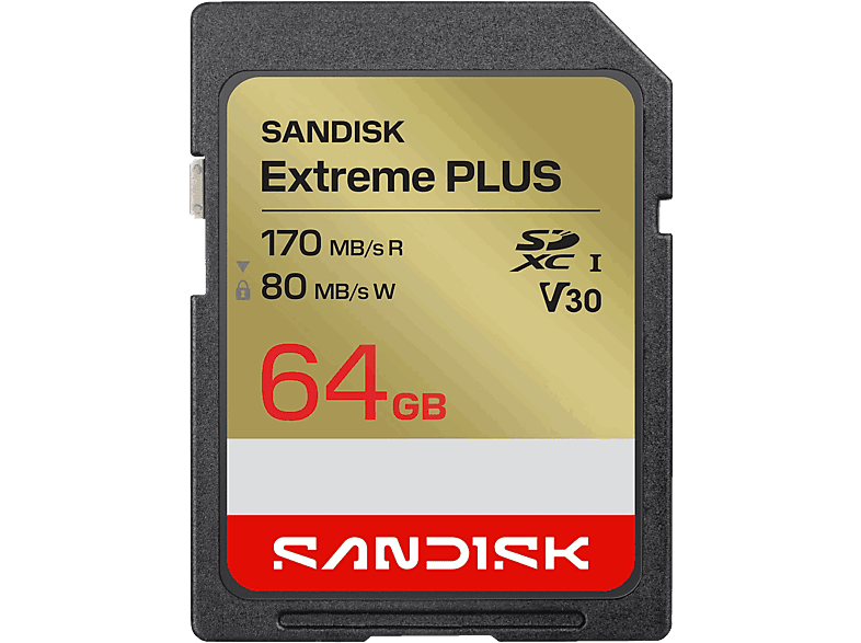 Tarjeta SD – SANDISK Extreme Plus, 64 GB, Vídeo 4k UHD, Hasta 170 MB/s lectura, U3, V30, C10, UHS-I, Oro