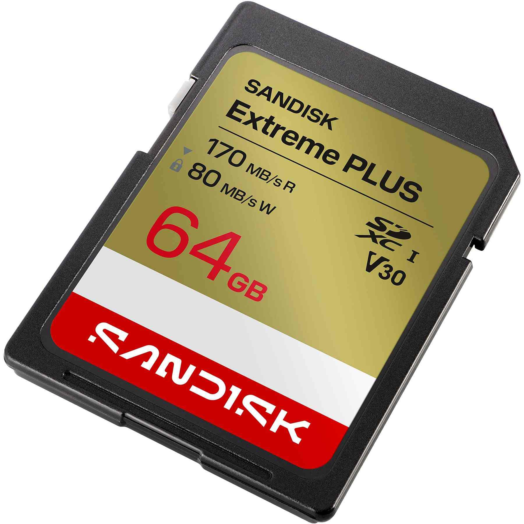 Tarjeta de memoria Sandisk Extreme PLUS de 64GB con detalles rojos y dorados.